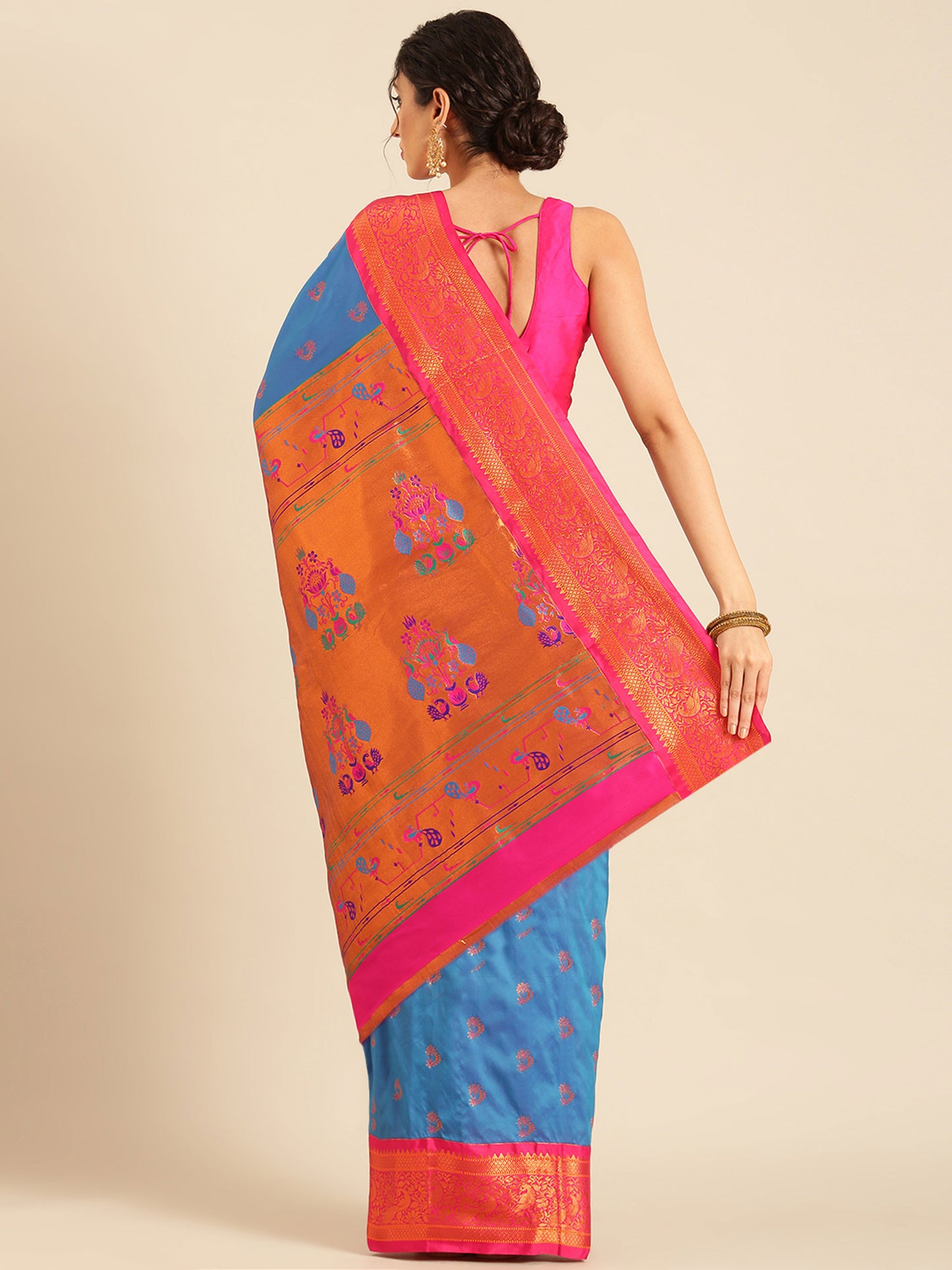 Mhalasa Firozi & Pink Soft Silk Peshwai Nath Paithani Saree