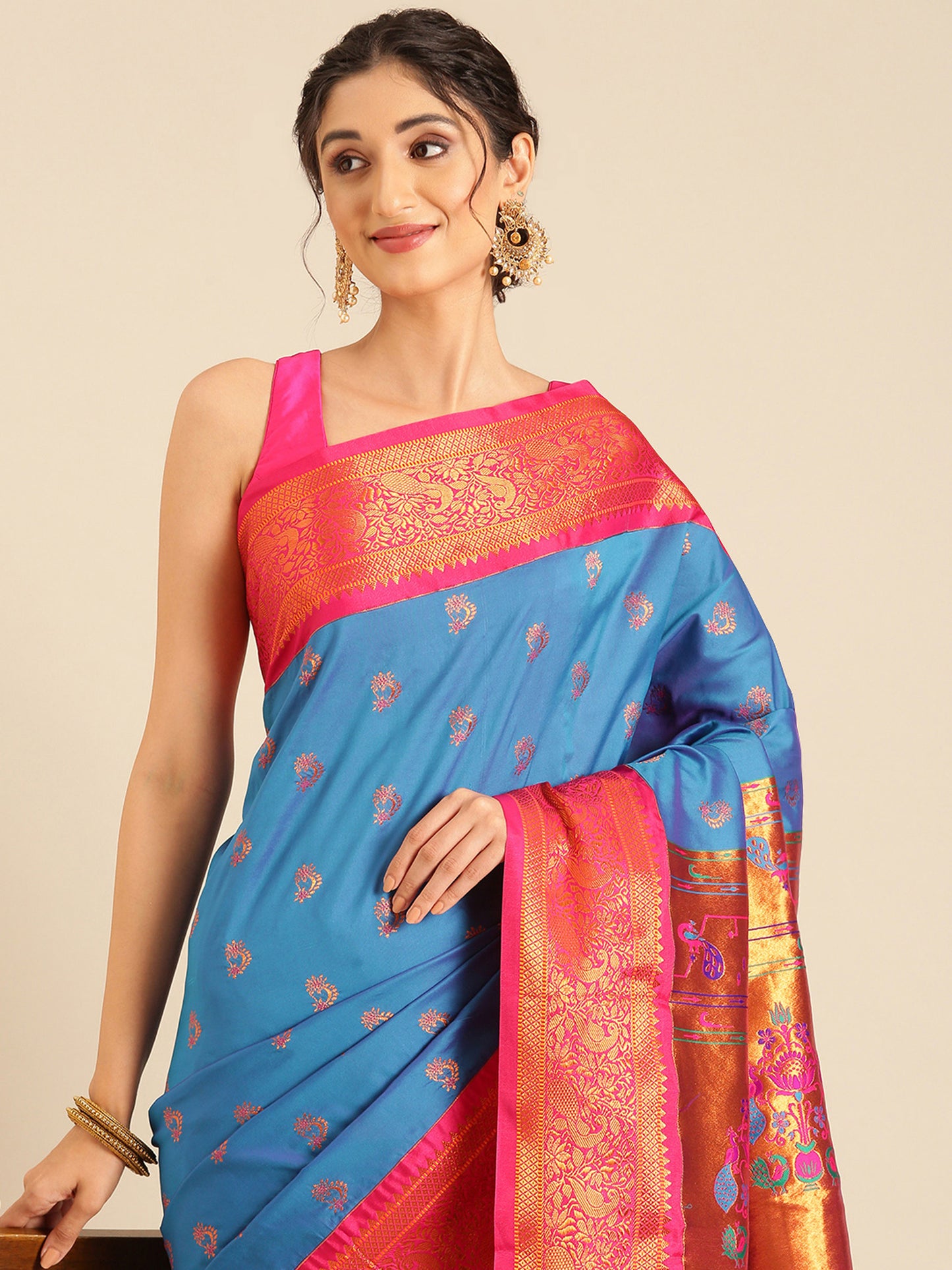 Mhalasa Firozi & Pink Soft Silk Peshwai Nath Paithani Saree
