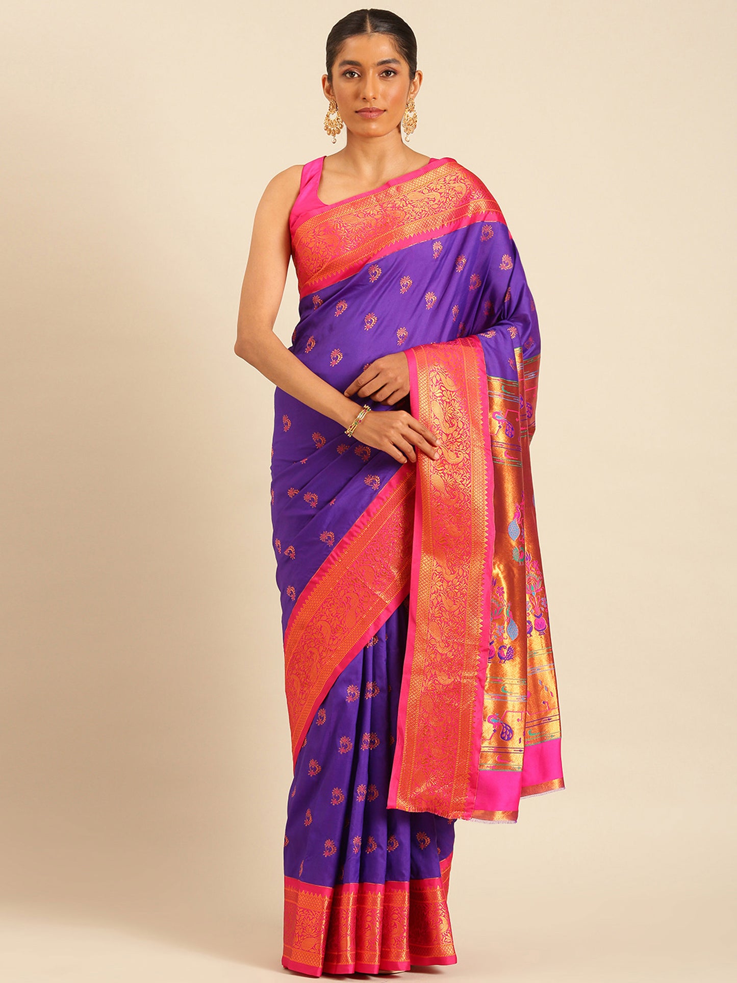 Mhalasa Indigo Blue & Pink Soft Silk Peshwai Nath Paithani Saree