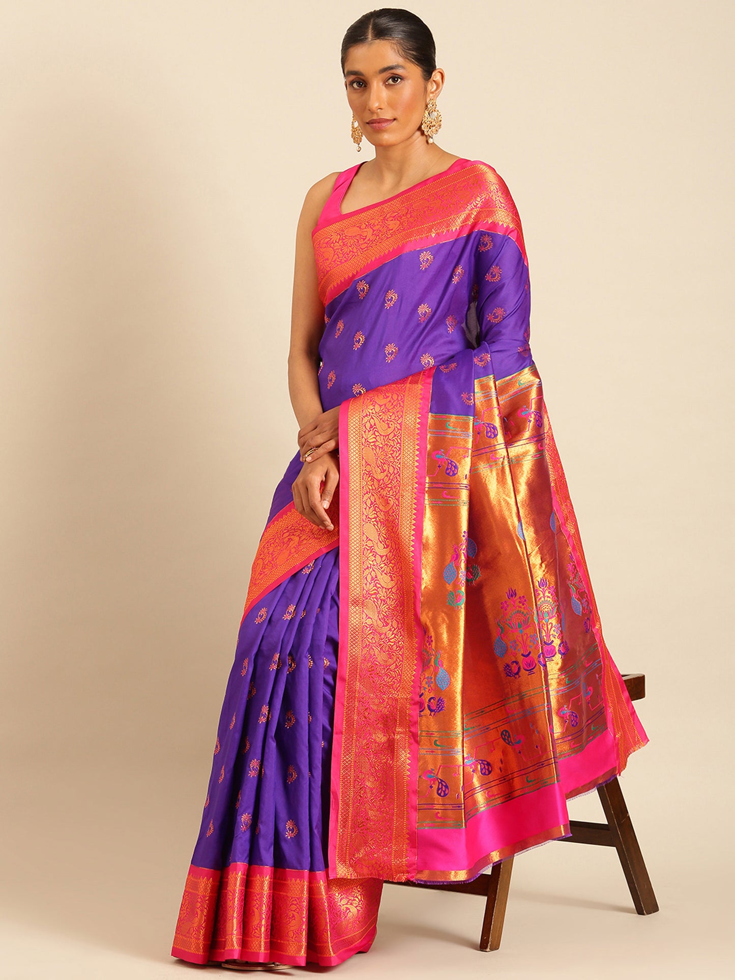 Mhalasa Indigo Blue & Pink Soft Silk Peshwai Nath Paithani Saree