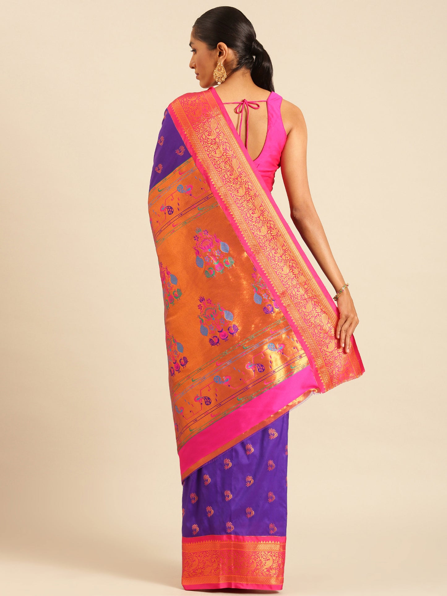 Mhalasa Indigo Blue & Pink Soft Silk Peshwai Nath Paithani Saree