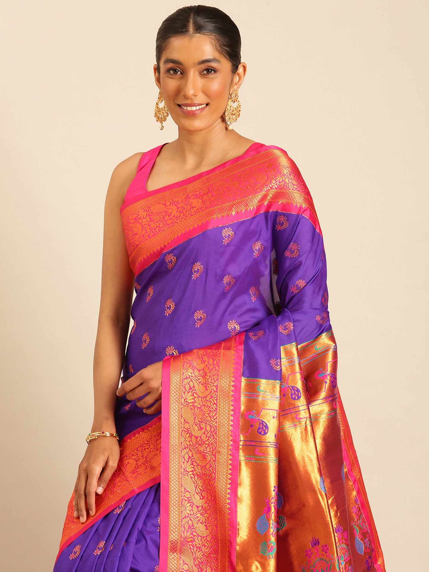 Mhalasa Indigo Blue & Pink Soft Silk Peshwai Nath Paithani Saree