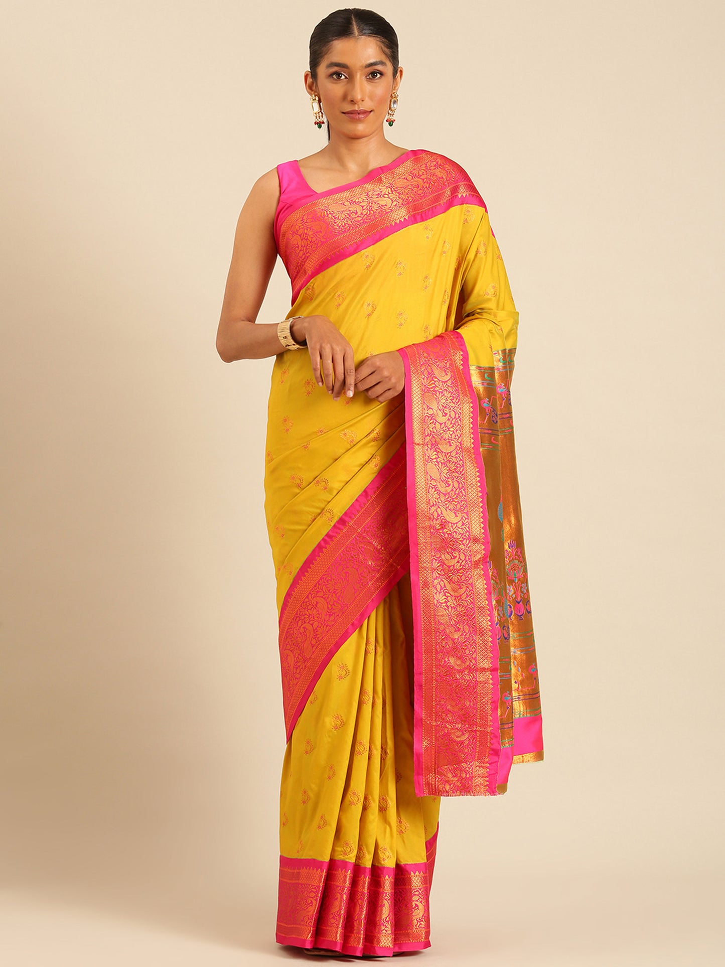 Mhalasa Mustard & Pink Soft Silk Peshwai Nath Paithani Saree