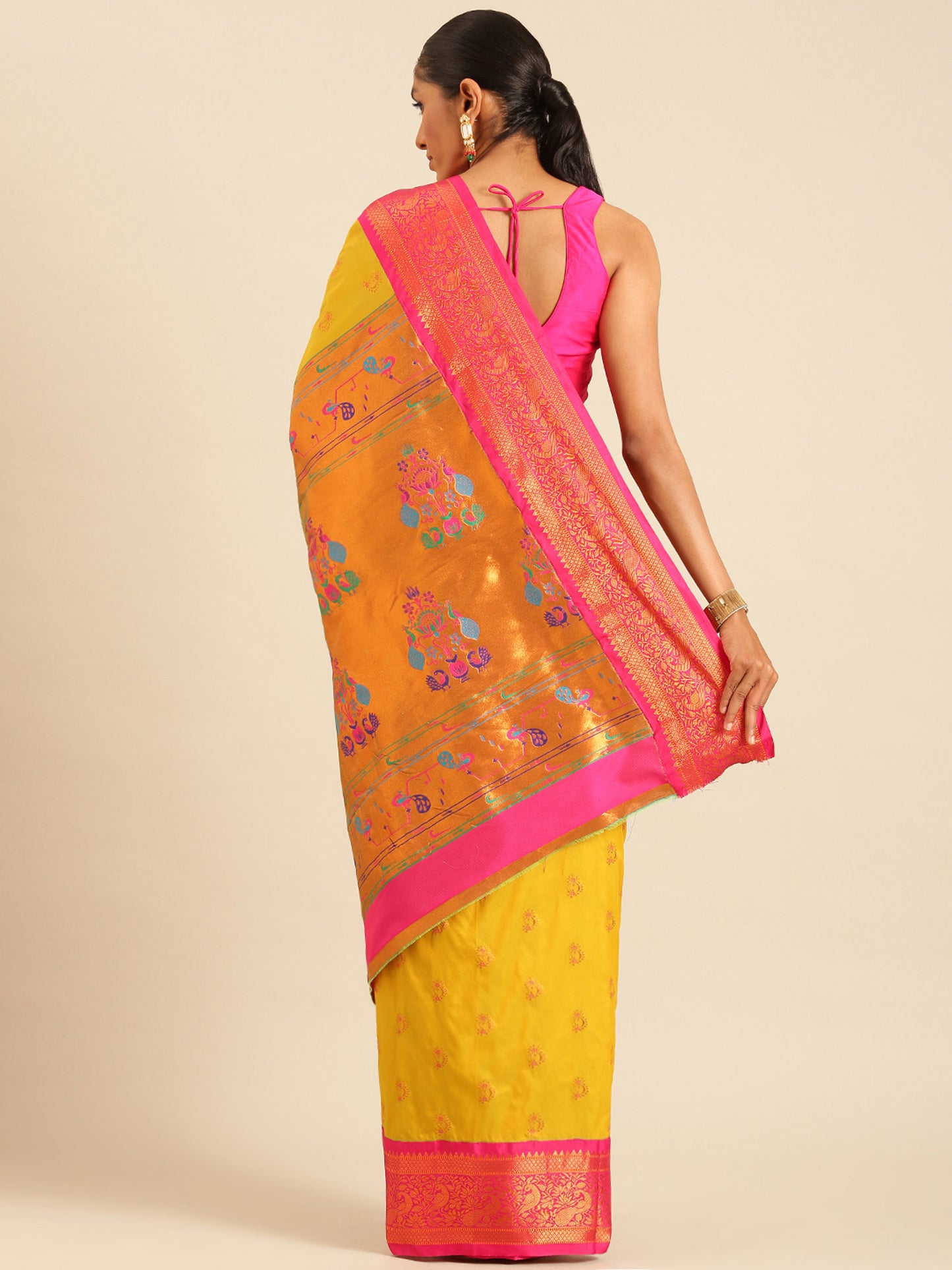 Mhalasa Mustard & Pink Soft Silk Peshwai Nath Paithani Saree