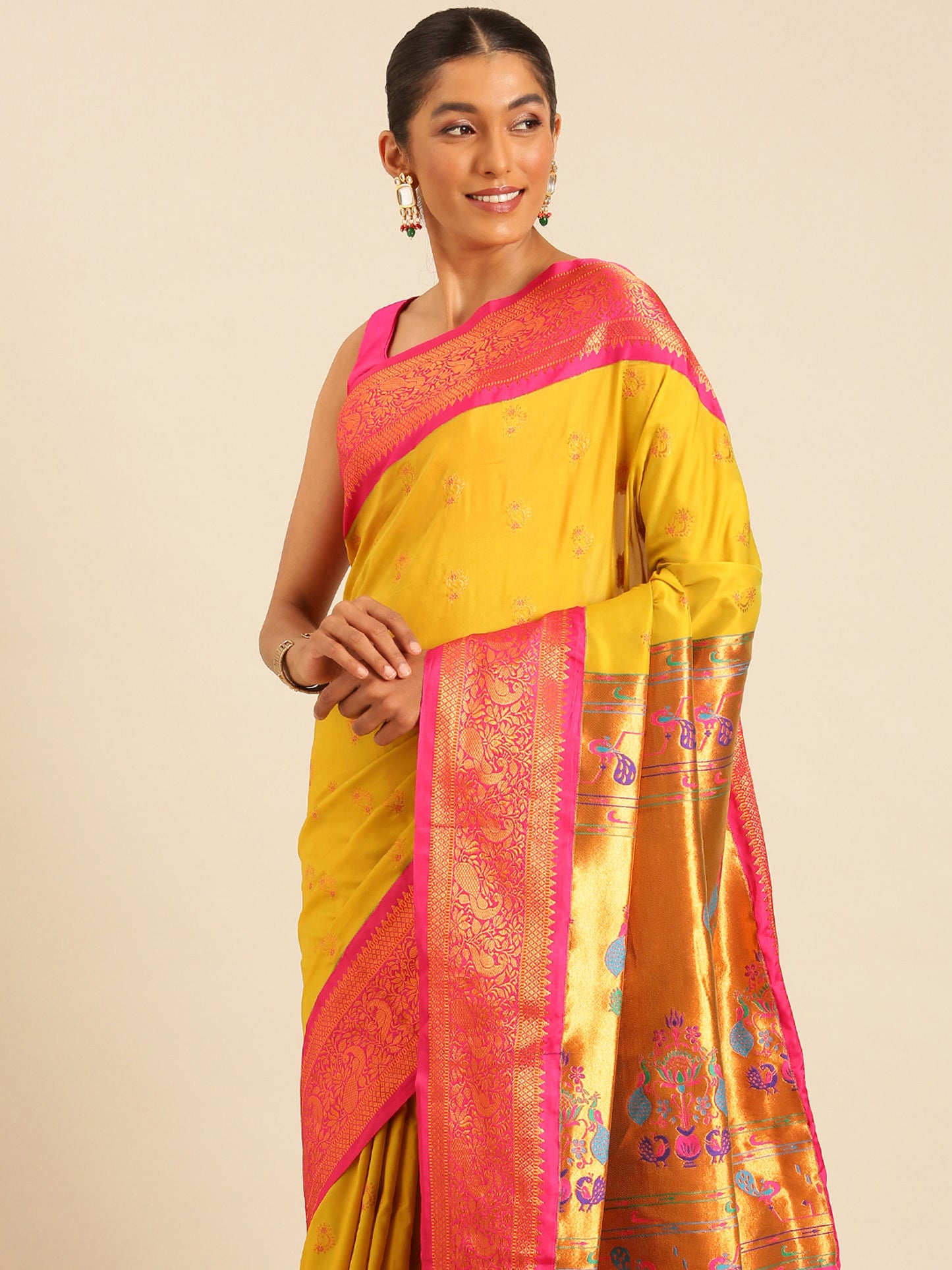 Mhalasa Mustard & Pink Soft Silk Peshwai Nath Paithani Saree