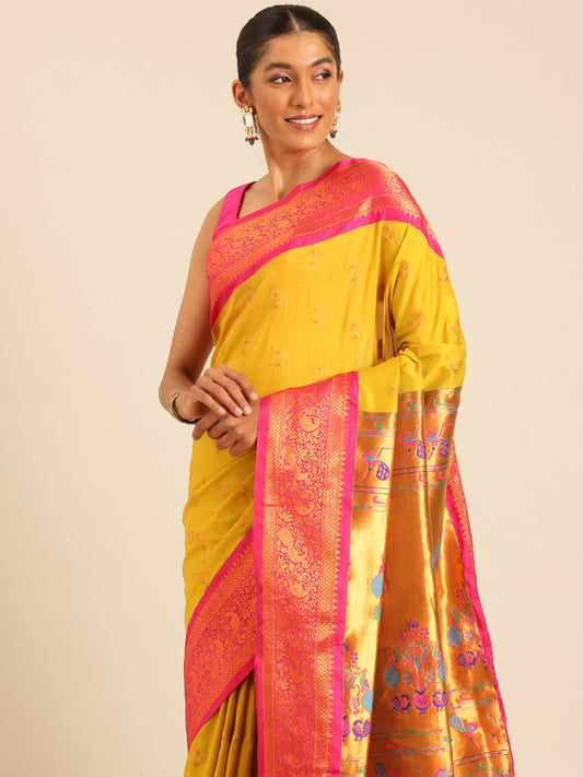 Mhalasa Mustard & Pink Soft Silk Peshwai Nath Paithani Saree