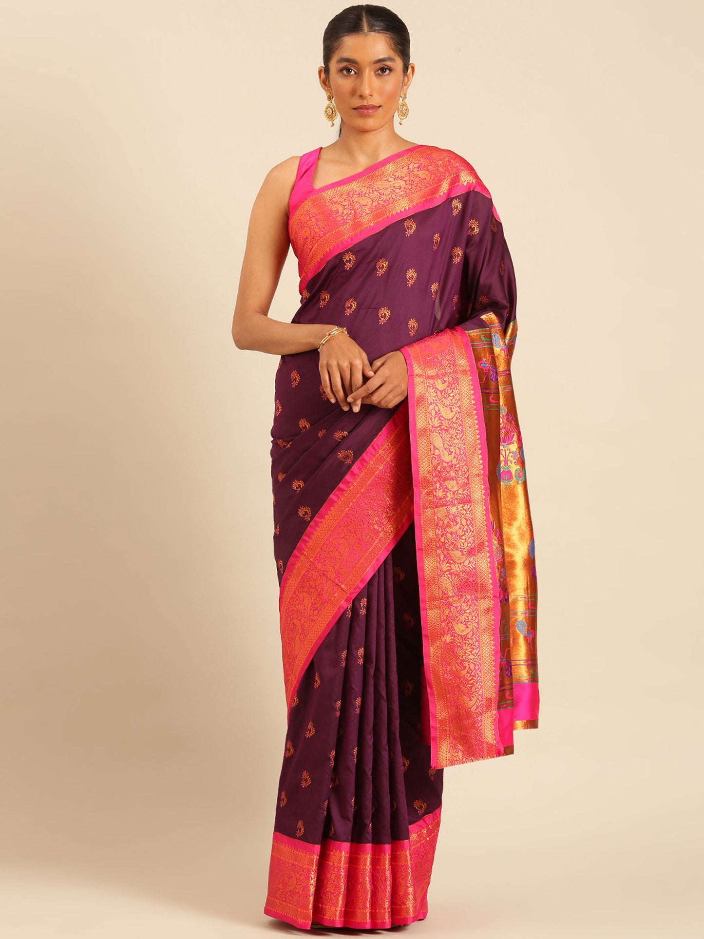 Mhalasa Maroon & Pink Soft Silk Peshwai Nath Paithani Saree