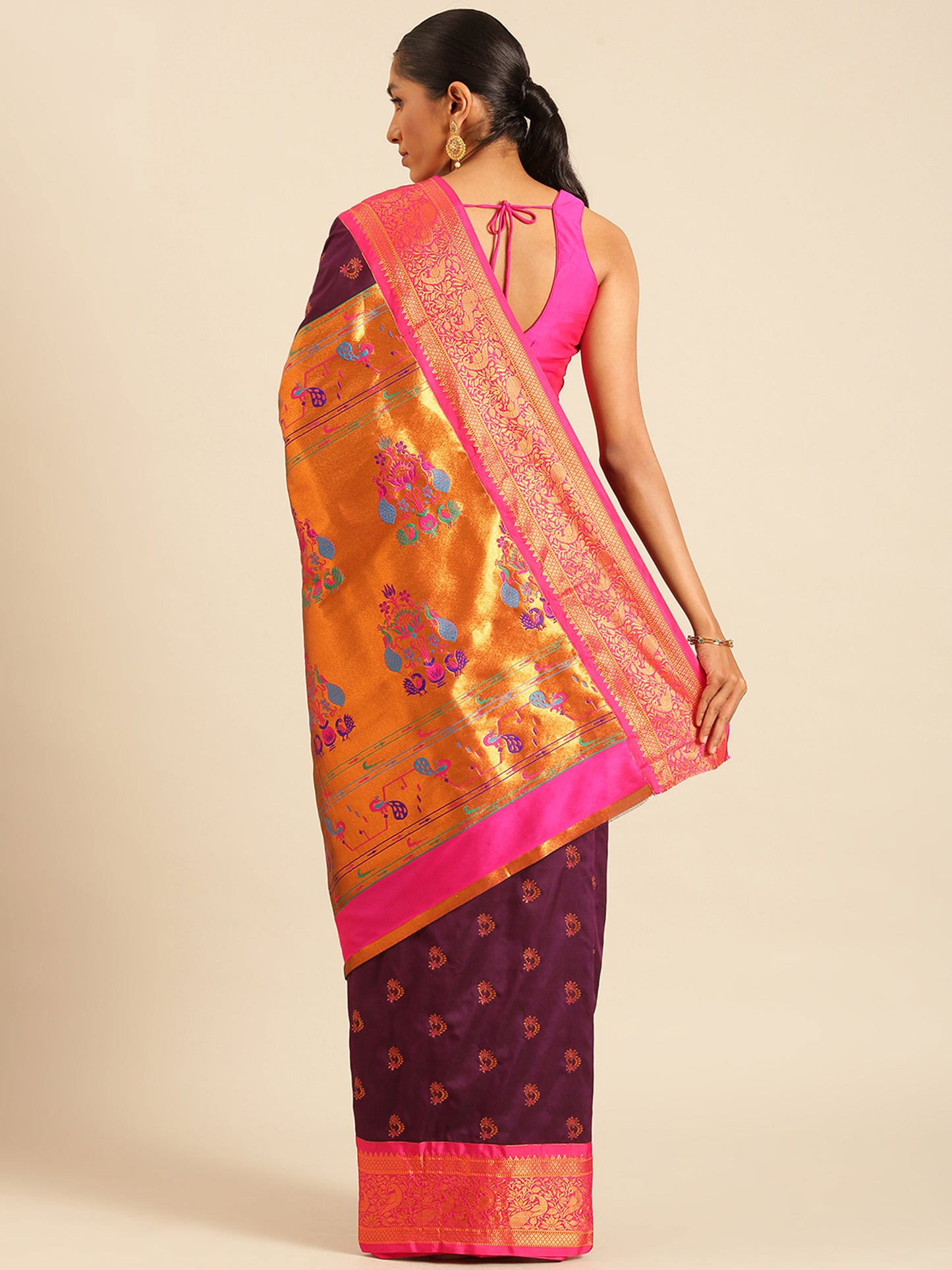Mhalasa Maroon & Pink Soft Silk Peshwai Nath Paithani Saree