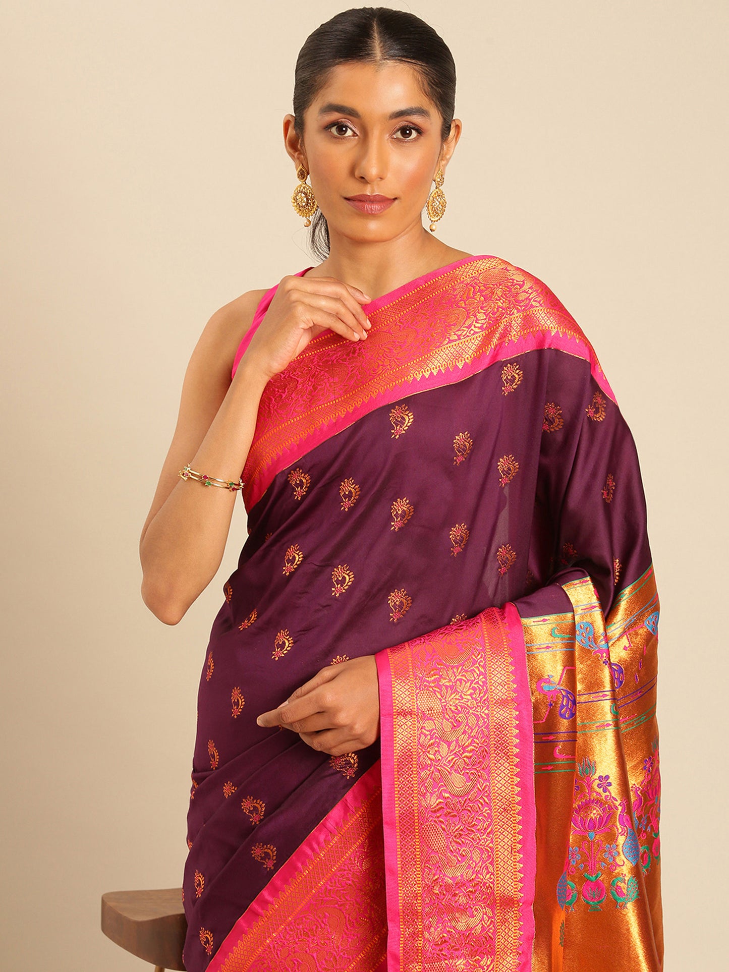 Mhalasa Maroon & Pink Soft Silk Peshwai Nath Paithani Saree