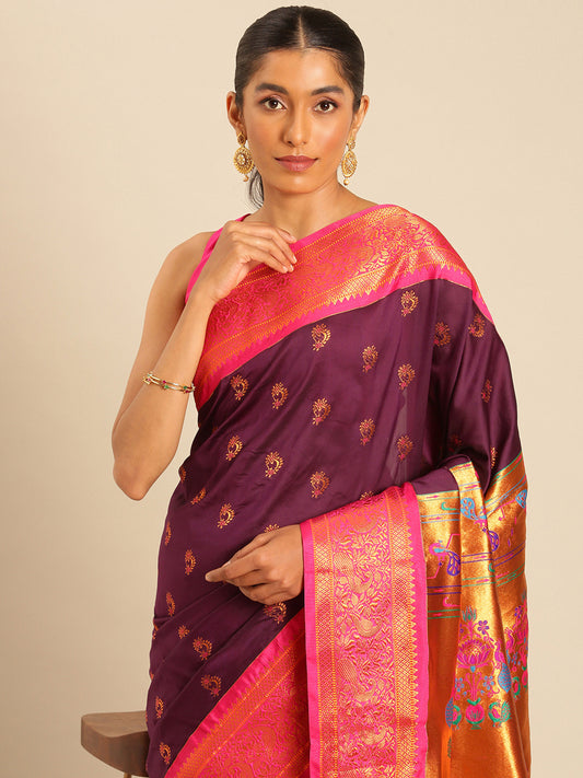 Mhalasa Maroon & Pink Soft Silk Peshwai Nath Paithani Saree