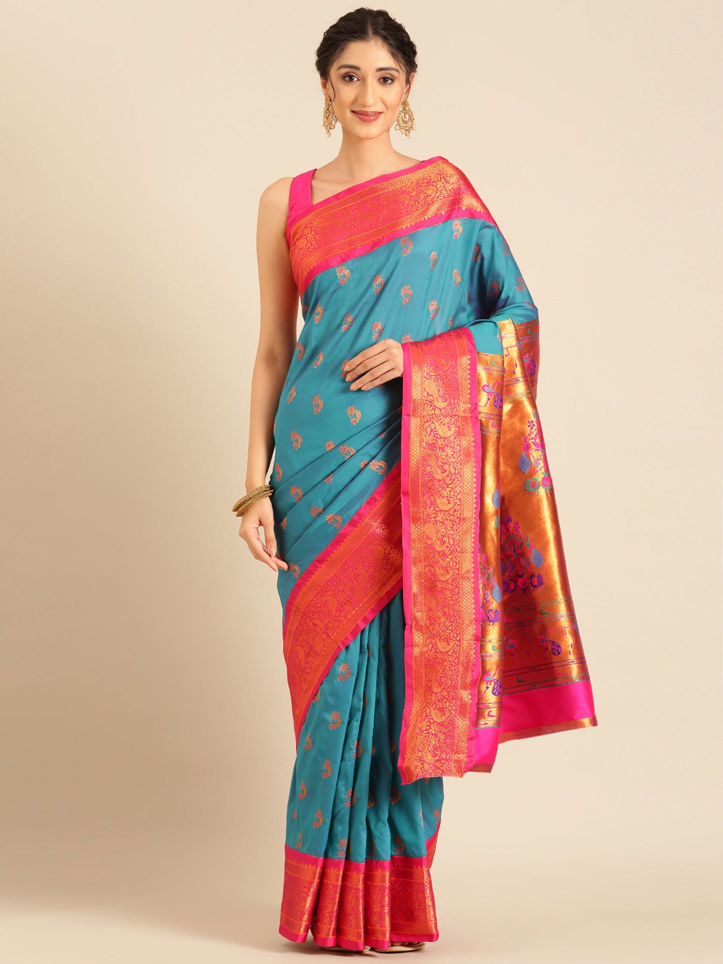 Mhalasa Rama & Pink Soft Silk Peshwai Nath Paithani Saree