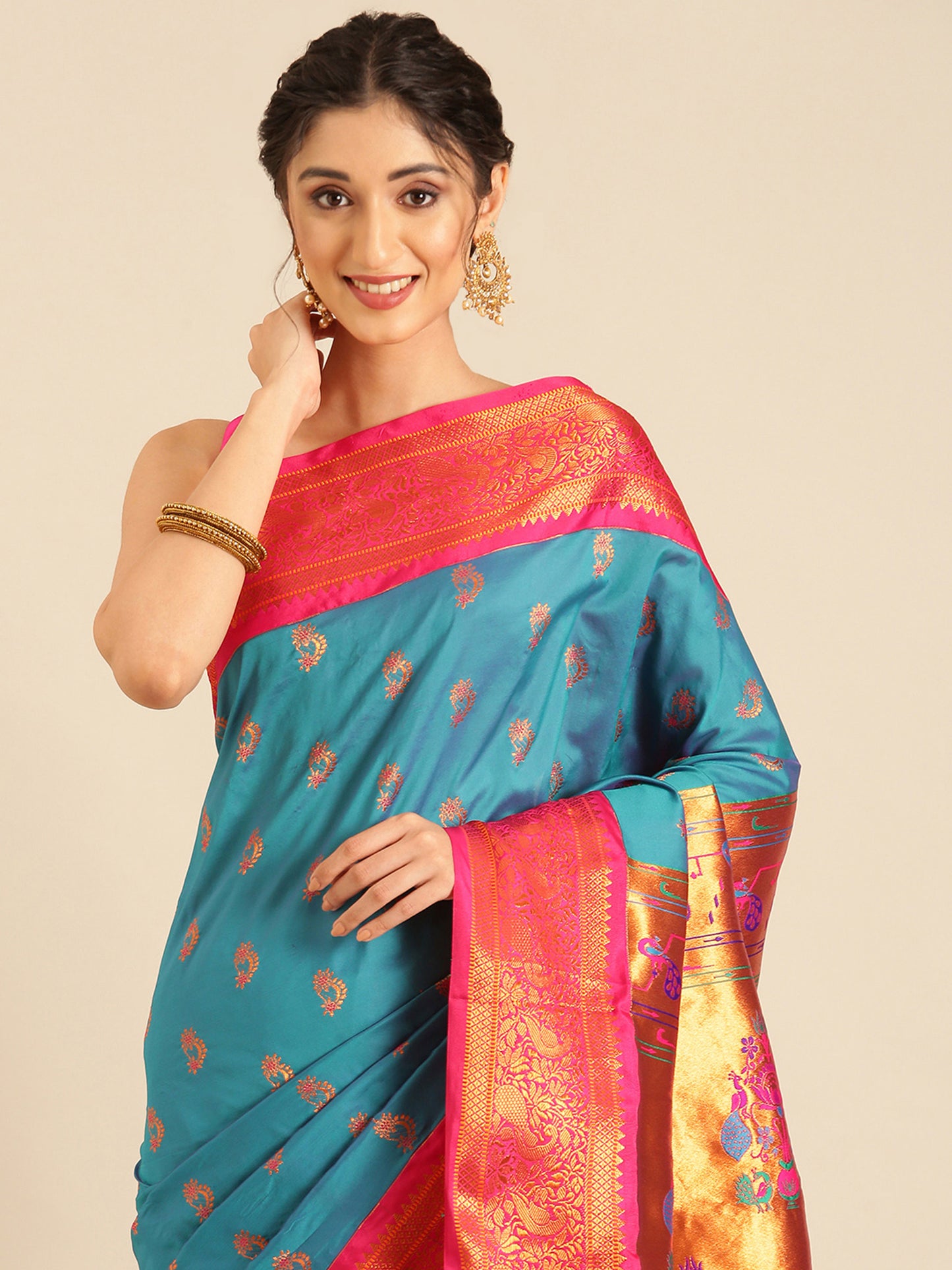 Mhalasa Rama & Pink Soft Silk Peshwai Nath Paithani Saree