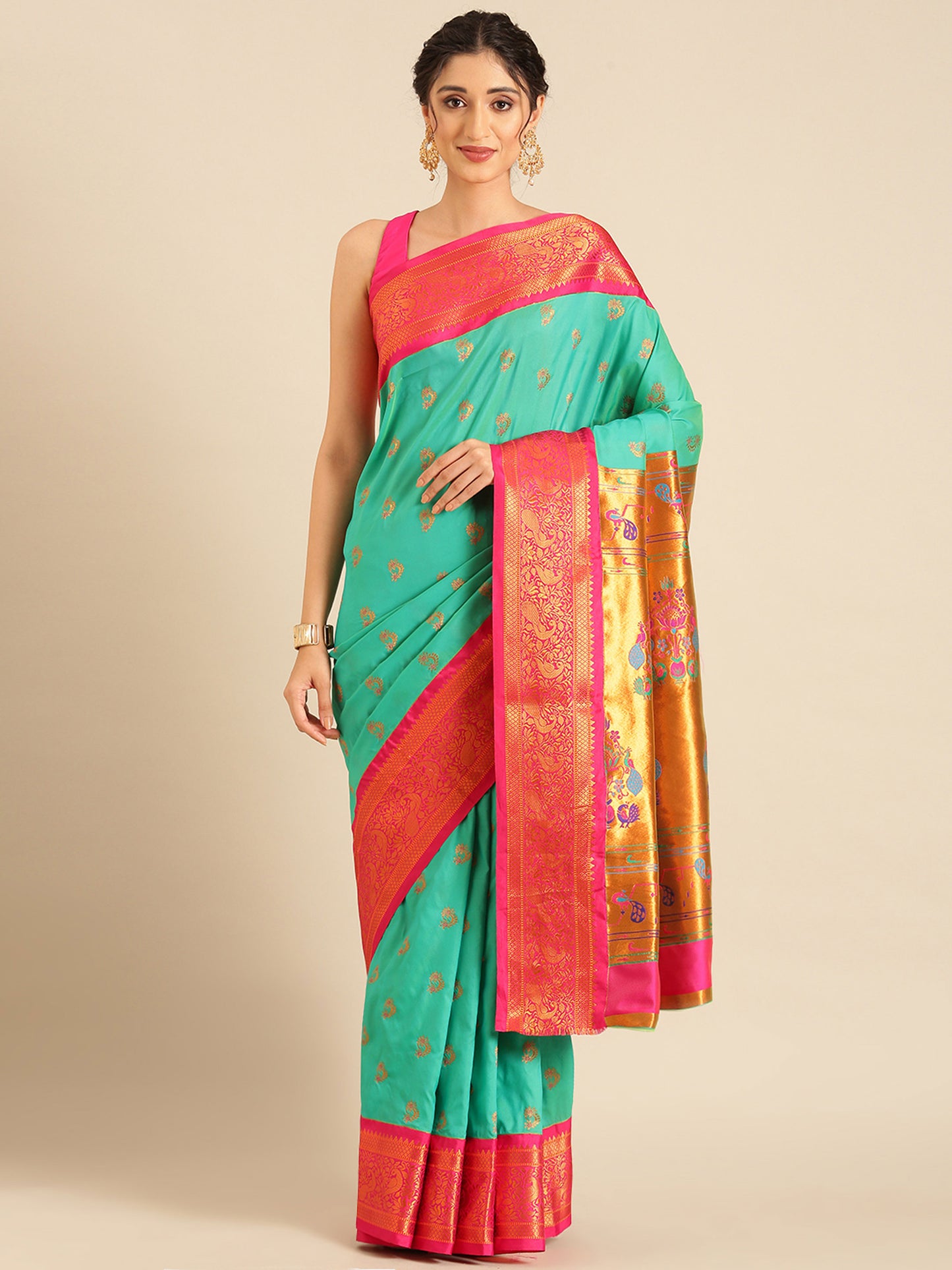 Mhalasa Sea Green & Pink Soft Silk Peshwai Nath Paithani Saree