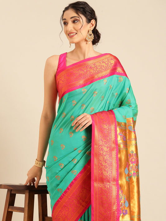 Mhalasa Sea Green & Pink Soft Silk Peshwai Nath Paithani Saree