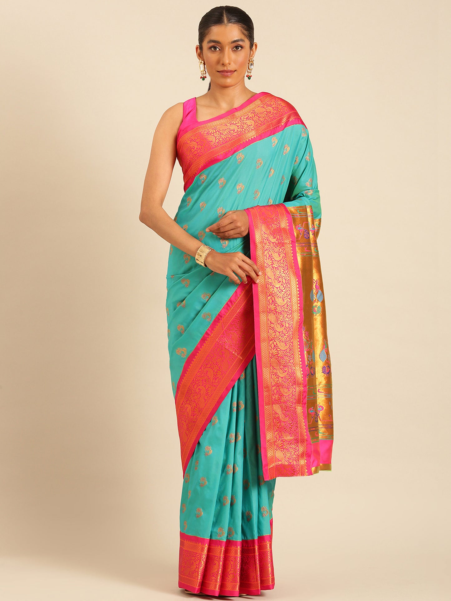 Mhalasa Chintamani & Pink Soft Silk Peshwai Nath Paithani Saree