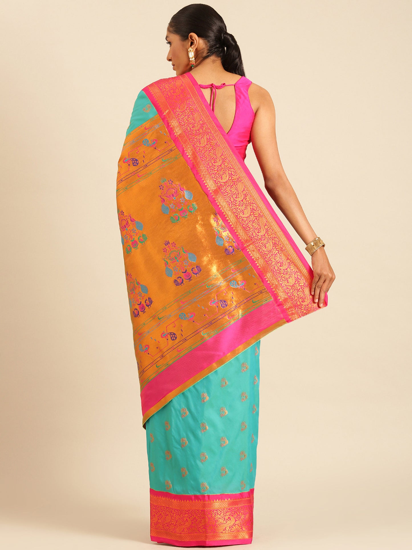 Mhalasa Chintamani & Pink Soft Silk Peshwai Nath Paithani Saree