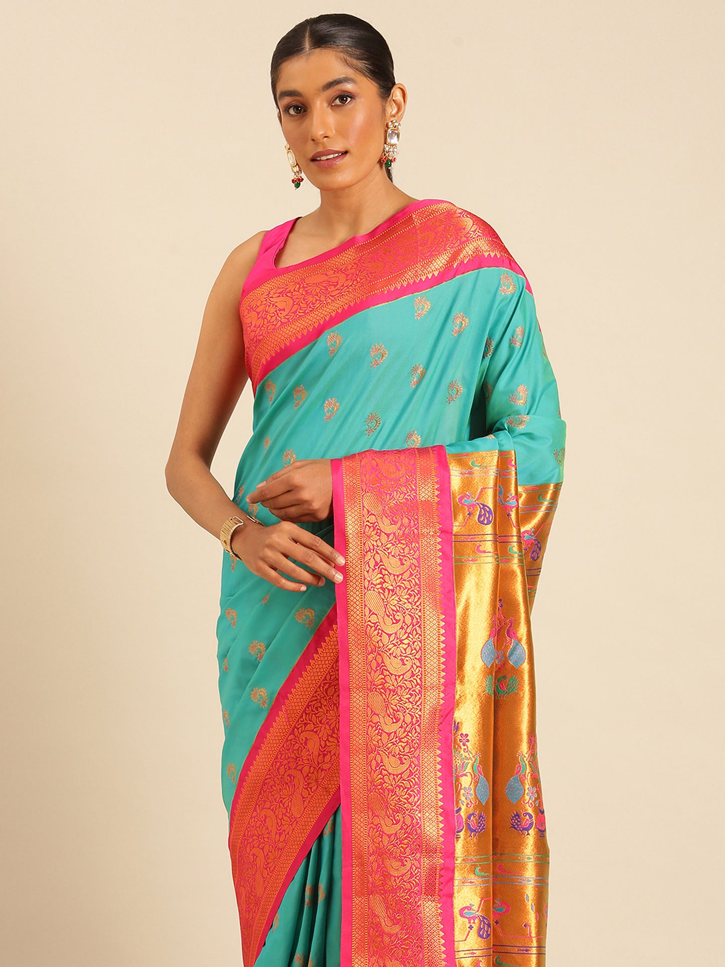 Mhalasa Chintamani & Pink Soft Silk Peshwai Nath Paithani Saree