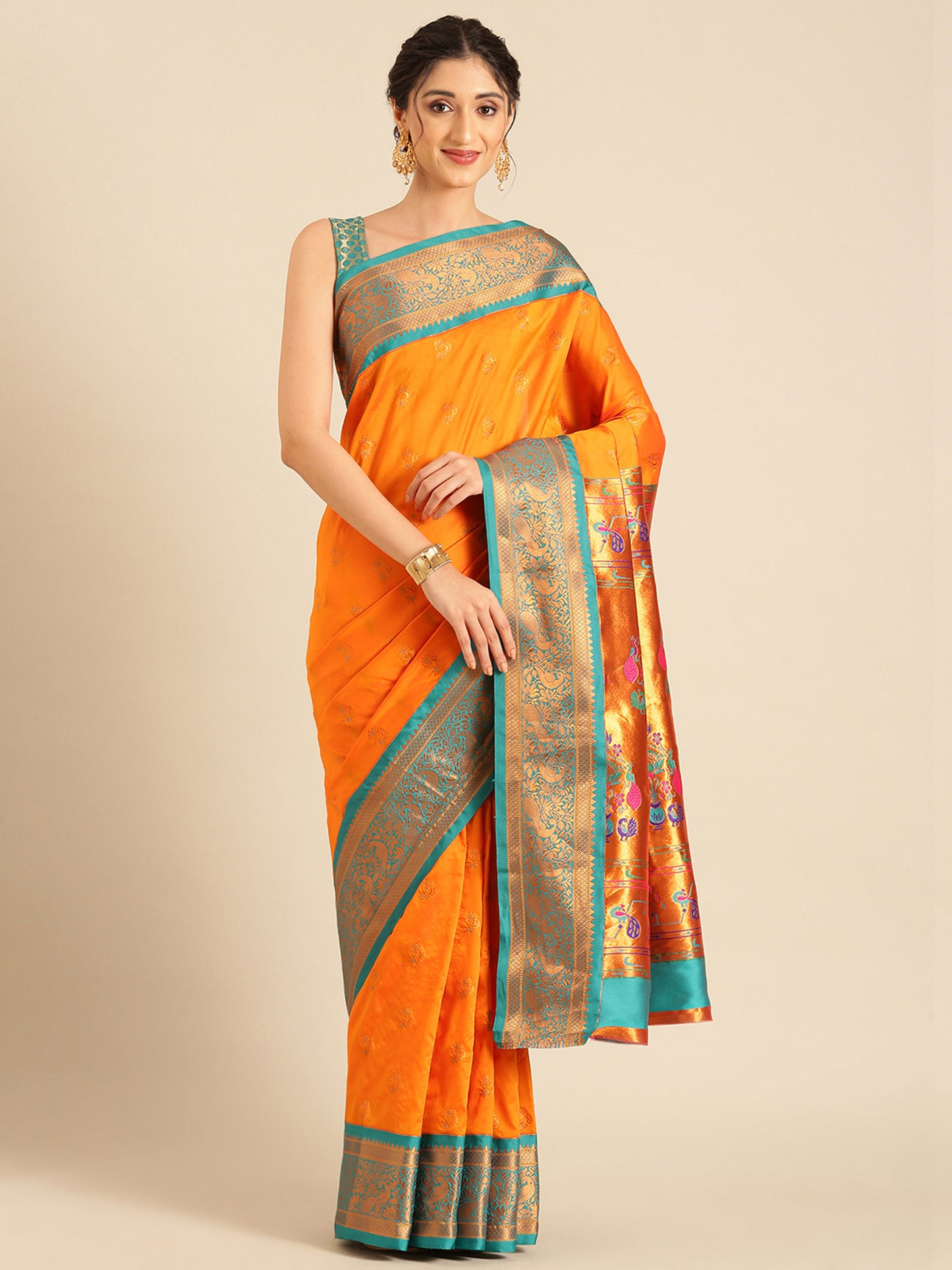 Mhalasa Orange & Rama Soft Silk Peshwai Nath Paithani Saree