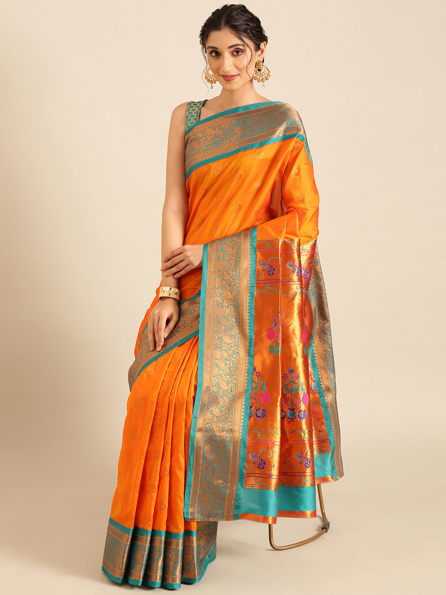 Mhalasa Orange & Rama Soft Silk Peshwai Nath Paithani Saree