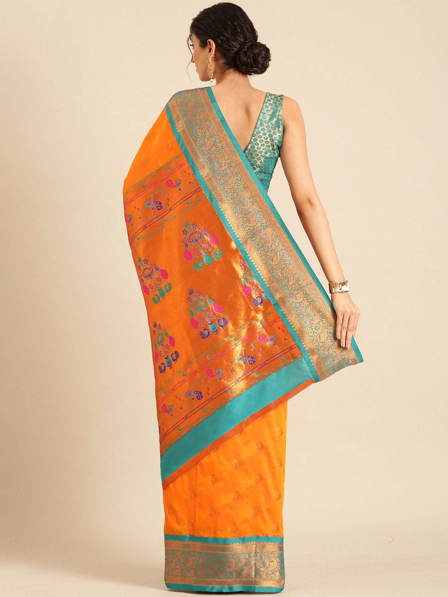 Mhalasa Orange & Rama Soft Silk Peshwai Nath Paithani Saree