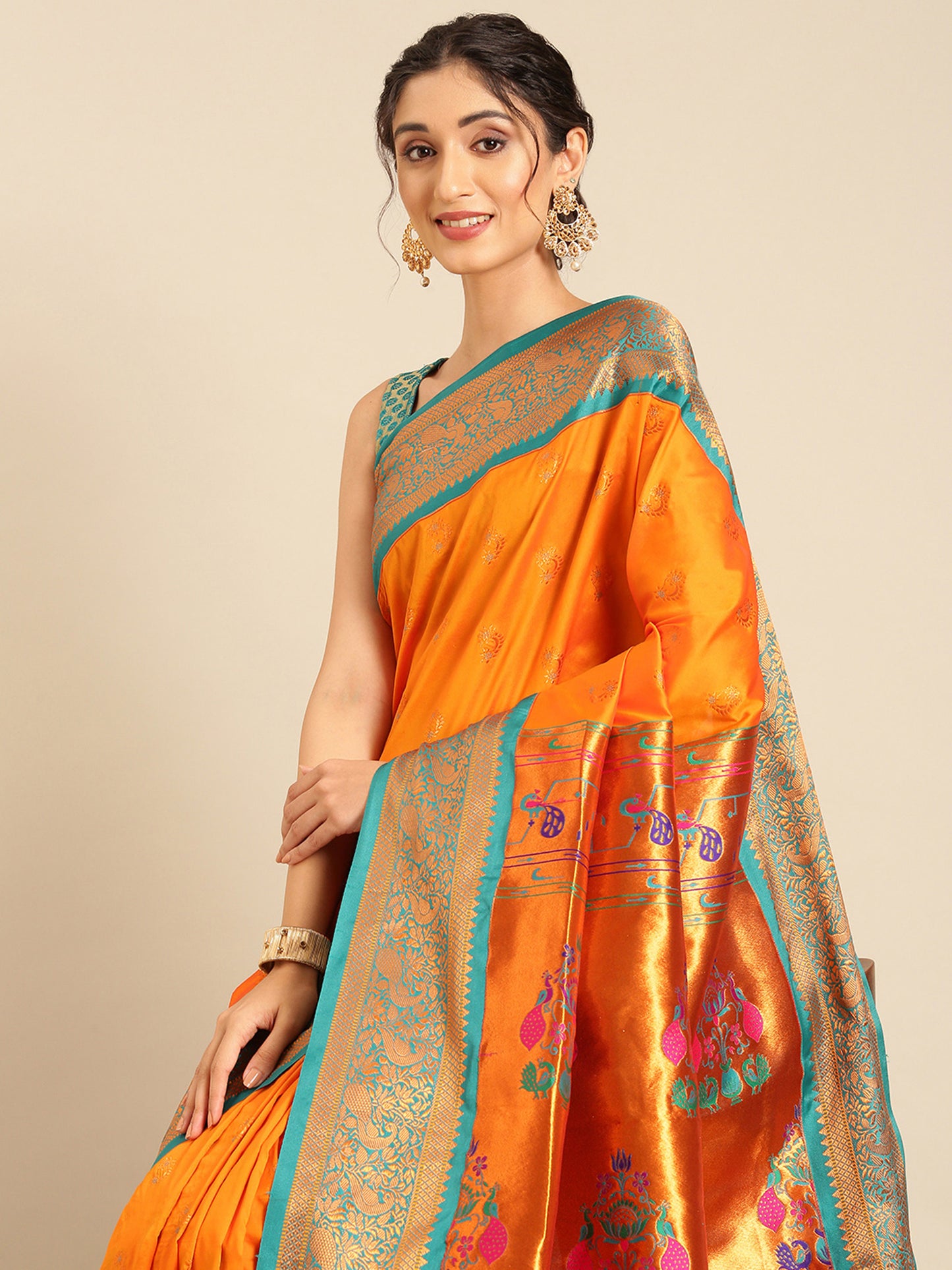 Mhalasa Orange & Rama Soft Silk Peshwai Nath Paithani Saree