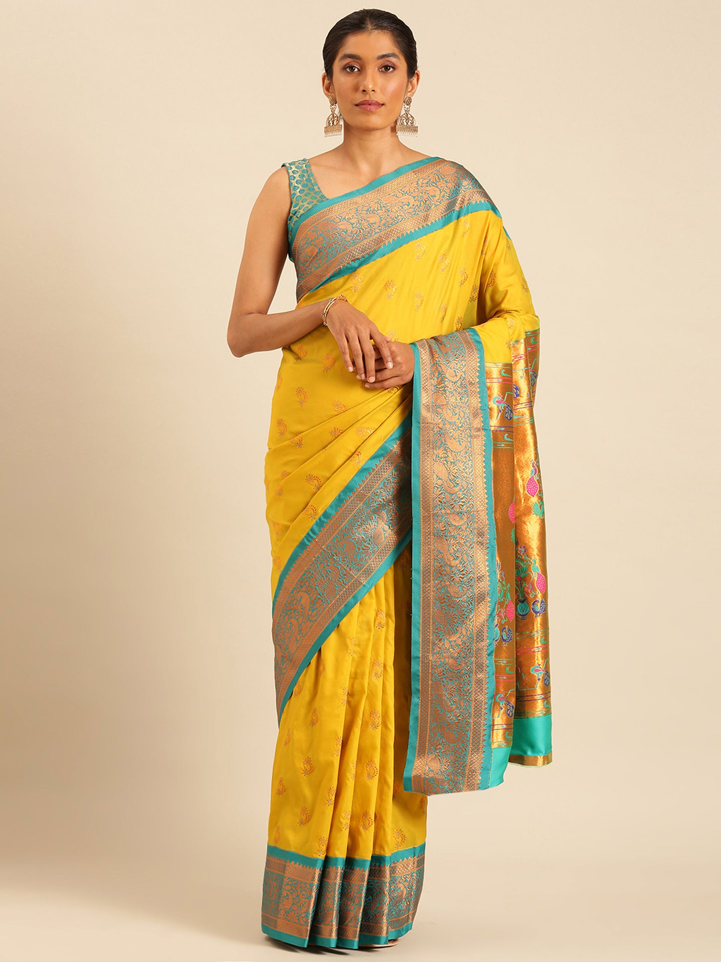 Mhalasa Mustard & Rama Soft Silk Peshwai Nath Paithani Saree