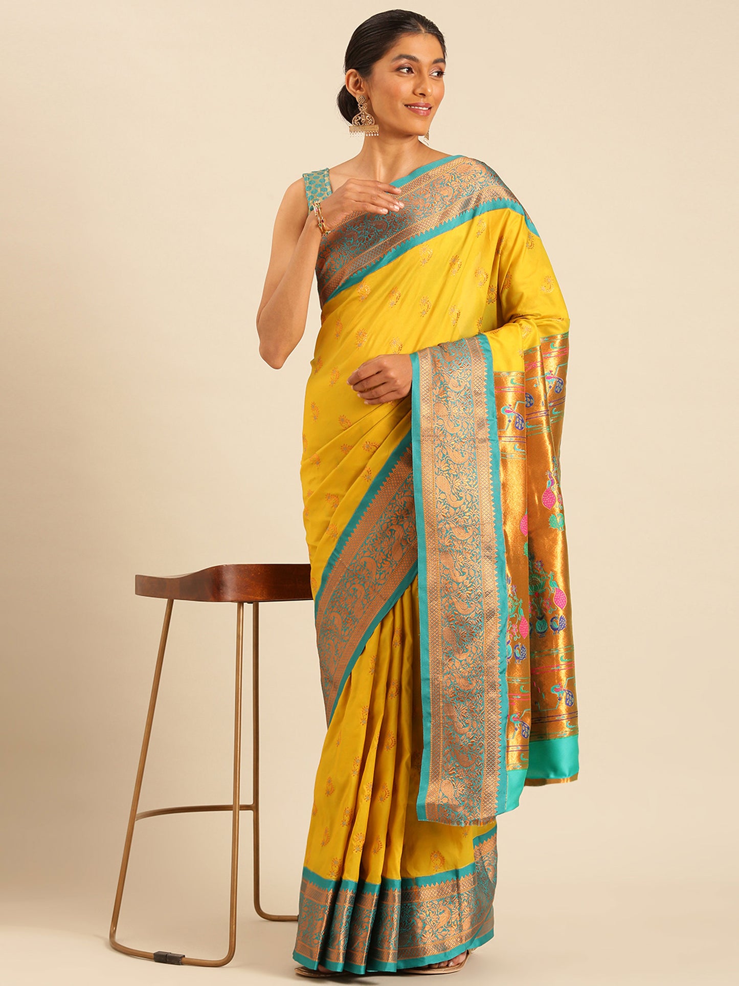 Mhalasa Mustard & Rama Soft Silk Peshwai Nath Paithani Saree