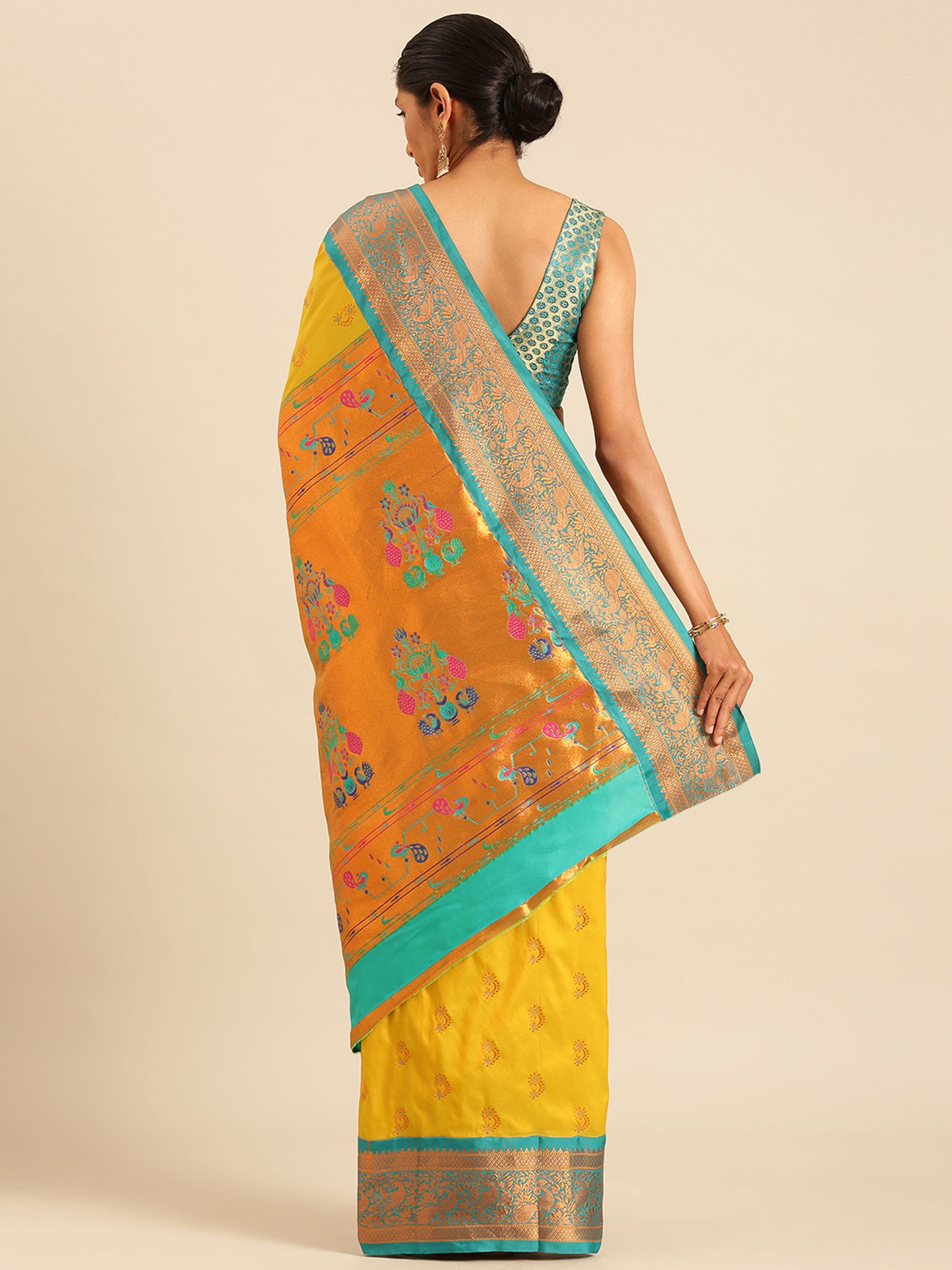 Mhalasa Mustard & Rama Soft Silk Peshwai Nath Paithani Saree