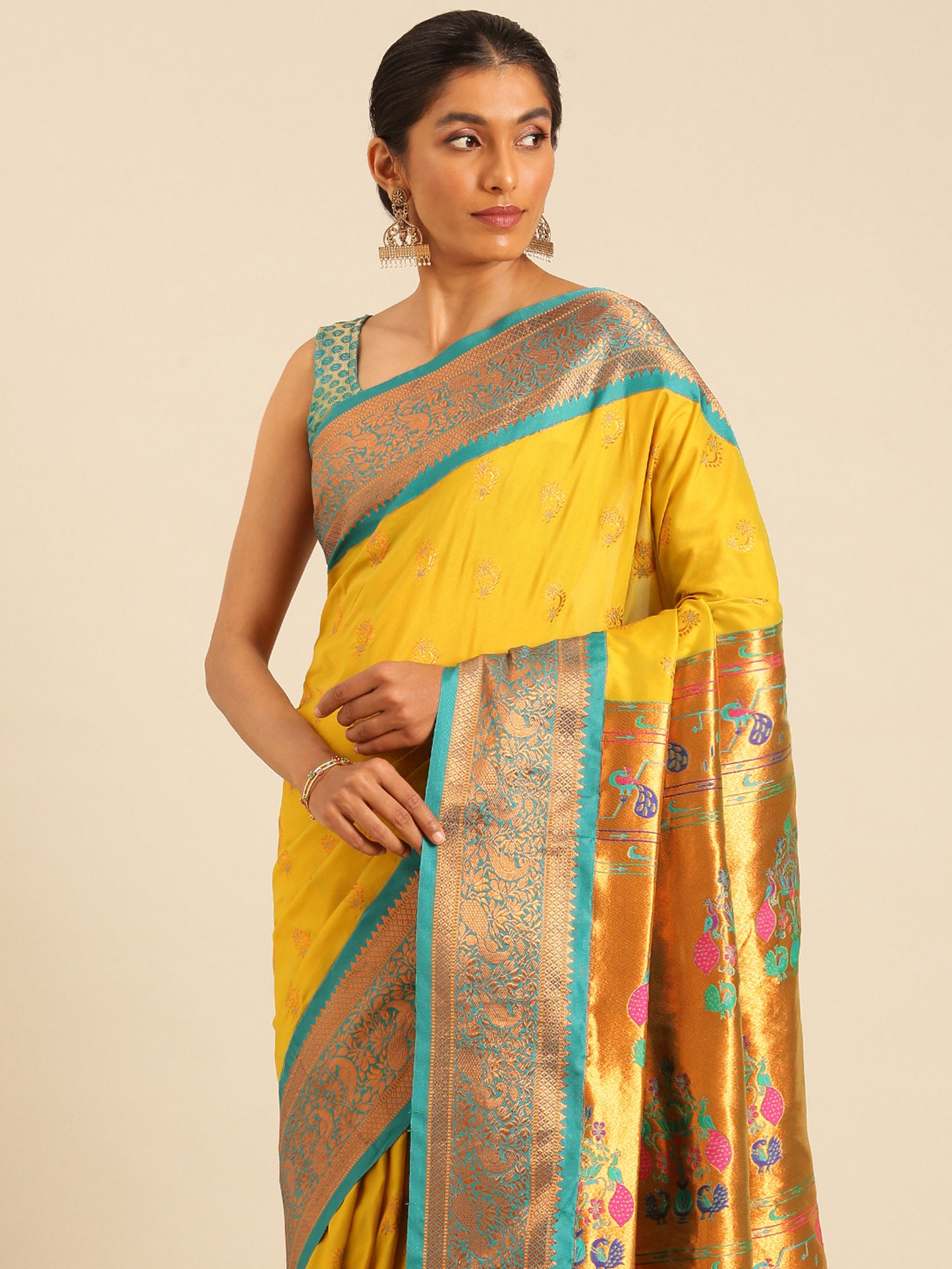 Mhalasa Mustard & Rama Soft Silk Peshwai Nath Paithani Saree