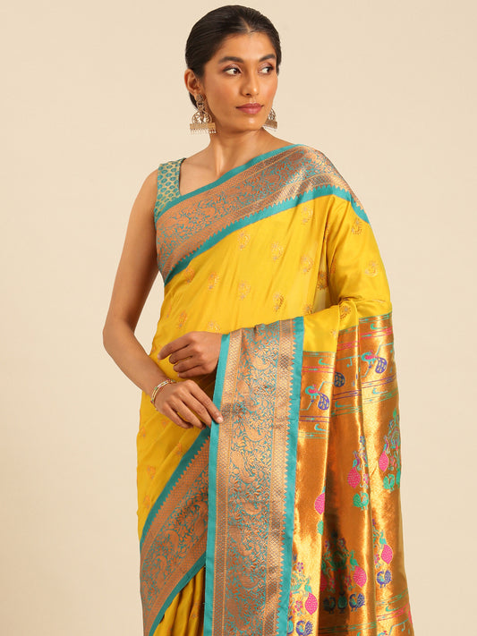 Mhalasa Mustard & Rama Soft Silk Peshwai Nath Paithani Saree