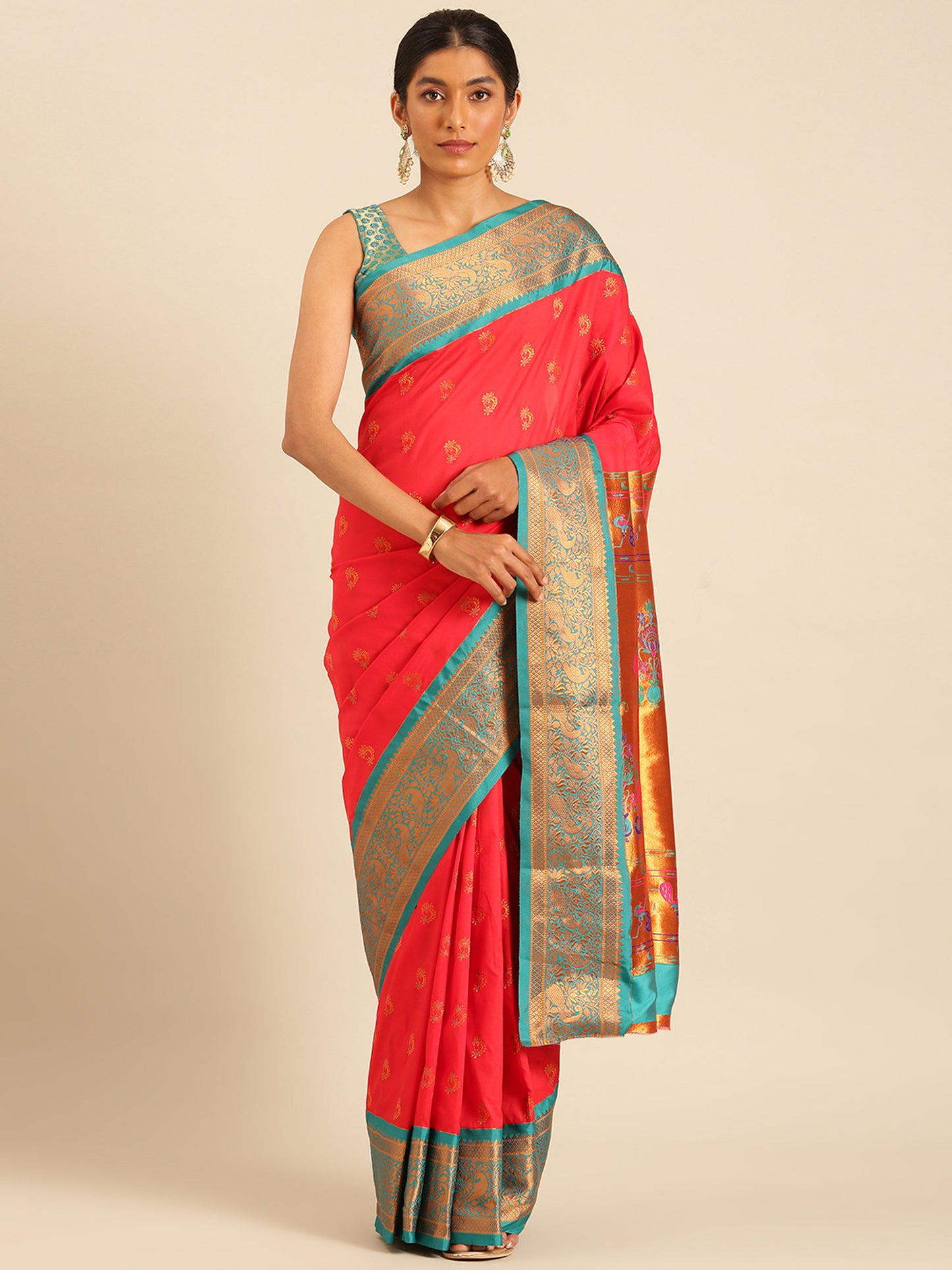 Mhalasa Red & Rama Soft Silk Peshwai Nath Paithani Saree