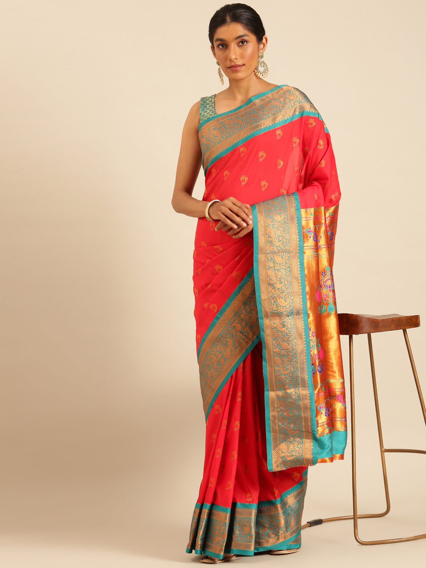Mhalasa Red & Rama Soft Silk Peshwai Nath Paithani Saree