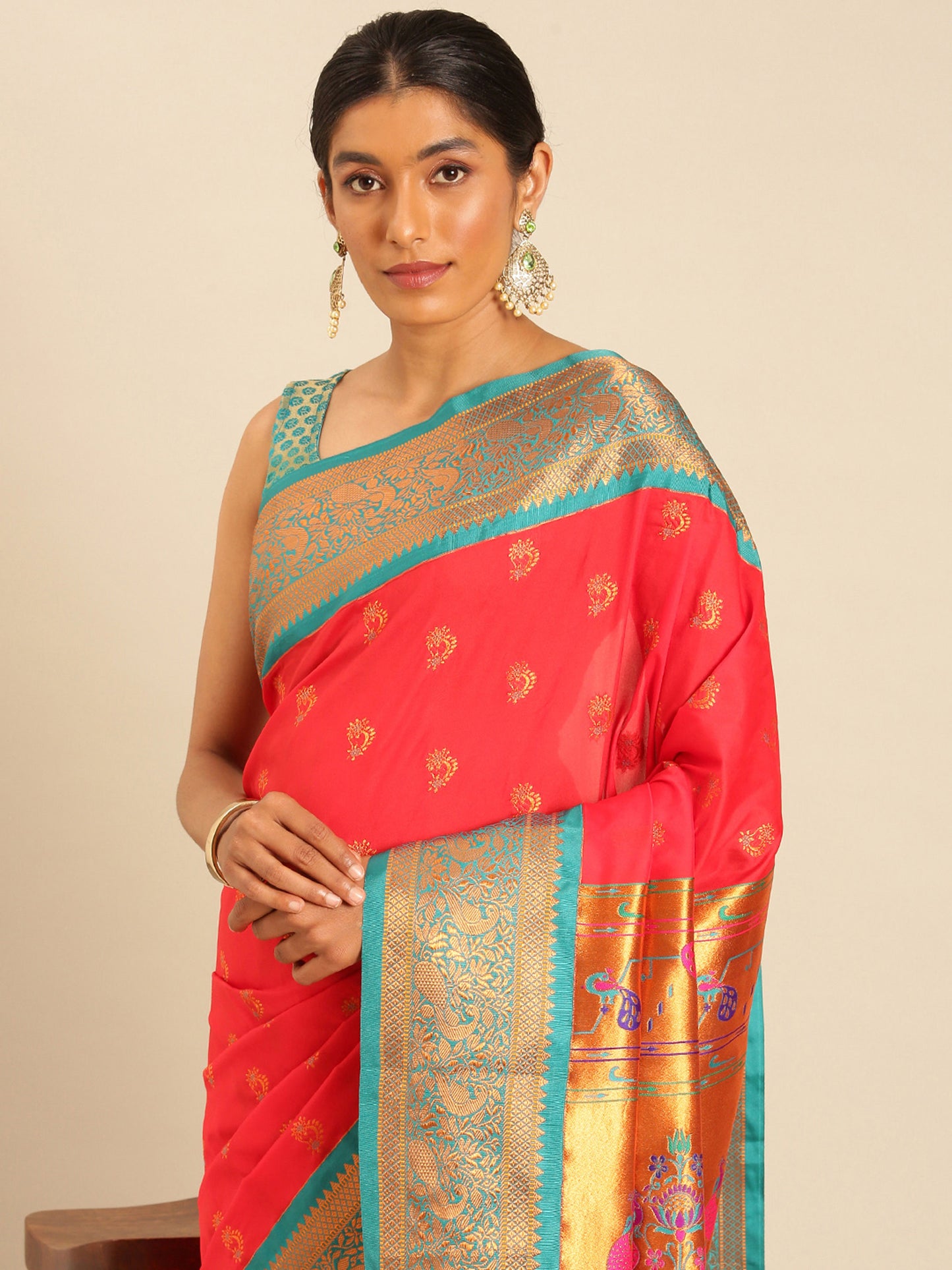 Mhalasa Red & Rama Soft Silk Peshwai Nath Paithani Saree