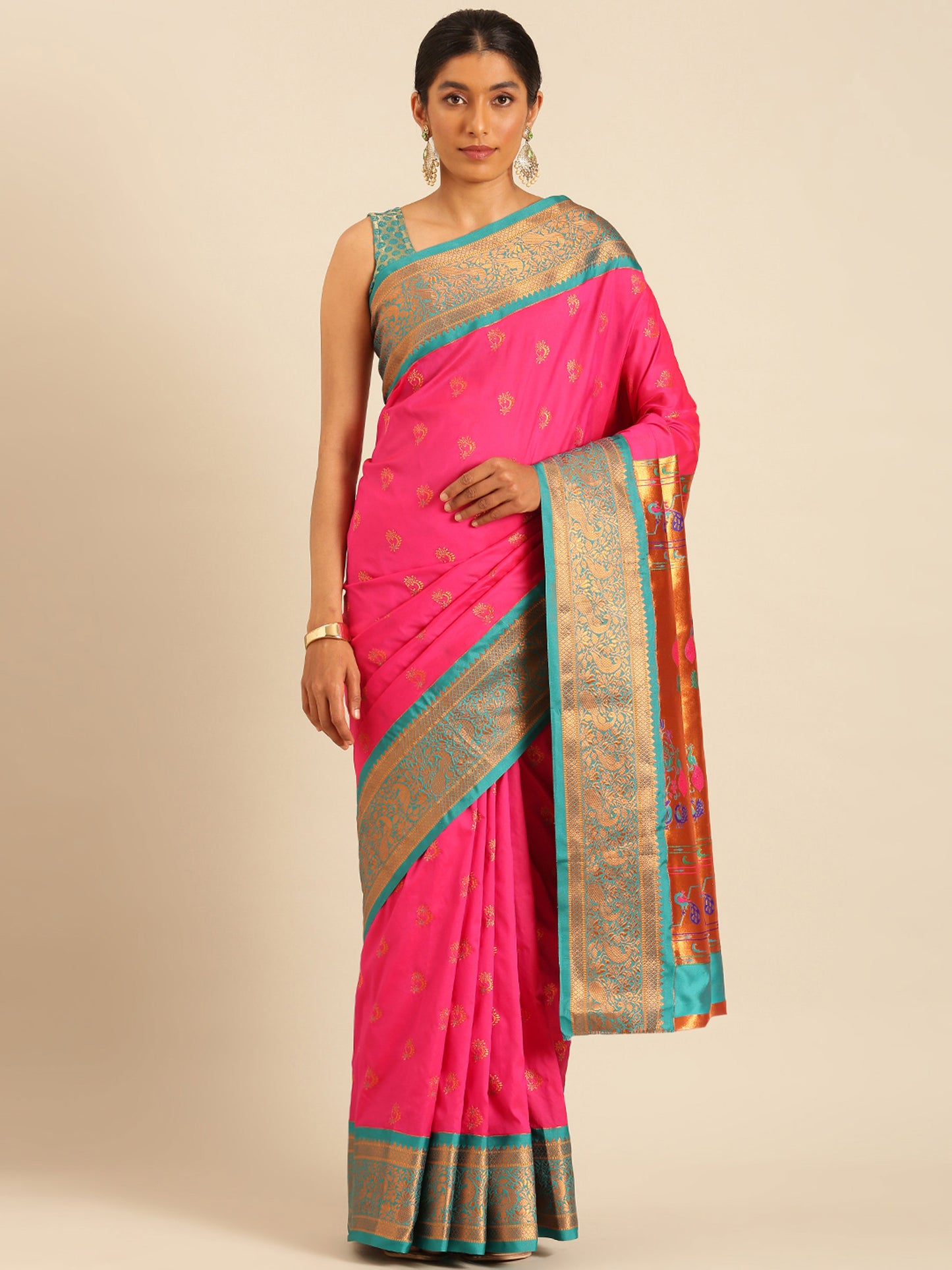 Mhalasa Hot Pink & Rama Soft Silk Peshwai Nath Paithani Saree