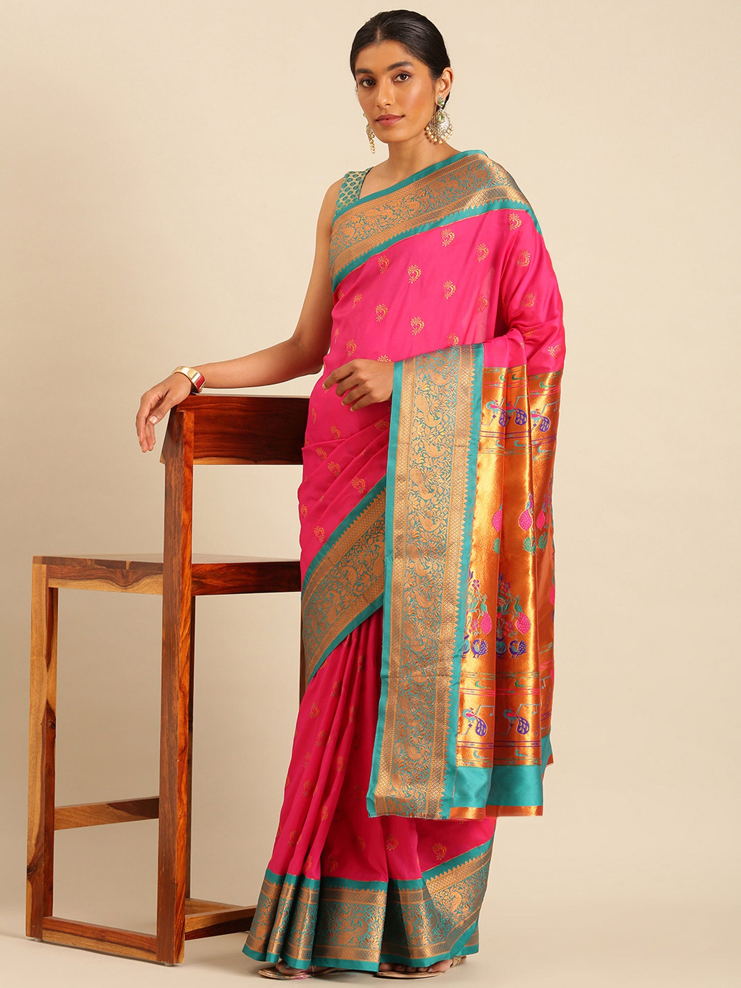 Mhalasa Hot Pink & Rama Soft Silk Peshwai Nath Paithani Saree
