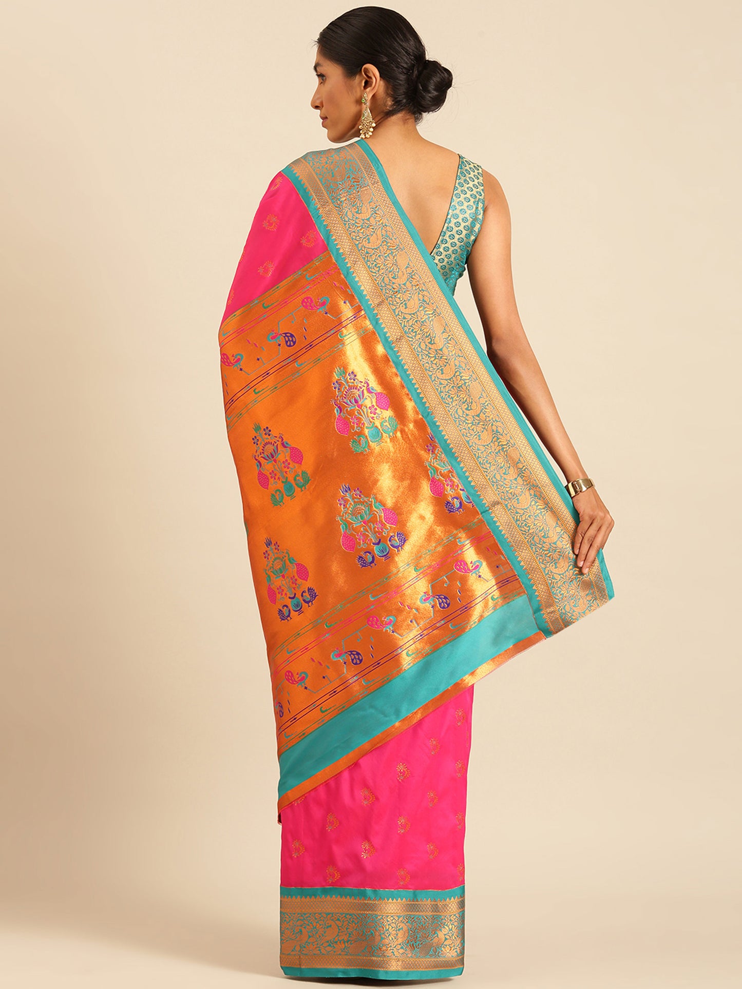 Mhalasa Hot Pink & Rama Soft Silk Peshwai Nath Paithani Saree