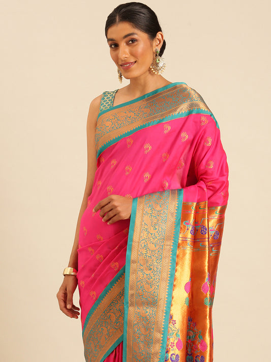 Mhalasa Hot Pink & Rama Soft Silk Peshwai Nath Paithani Saree