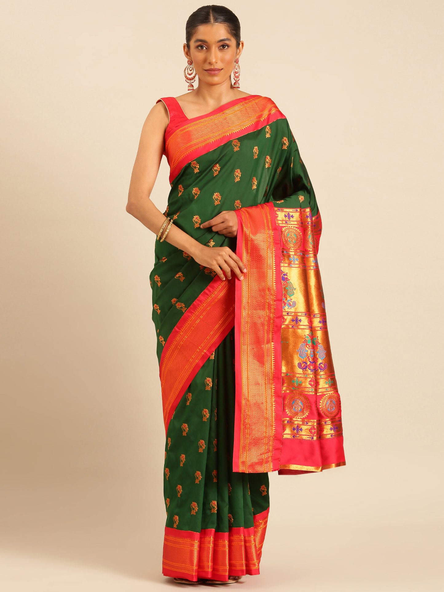 Ahilya Bottle Green & Red Soft Silk Peshwai Nath Paithani Saree