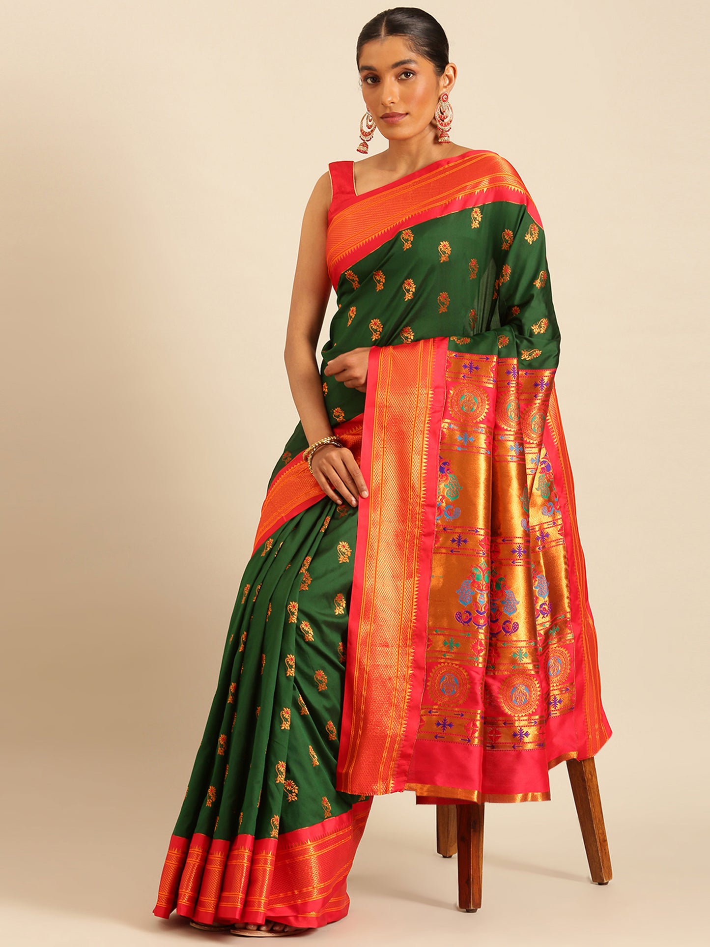 Ahilya Bottle Green & Red Soft Silk Peshwai Nath Paithani Saree