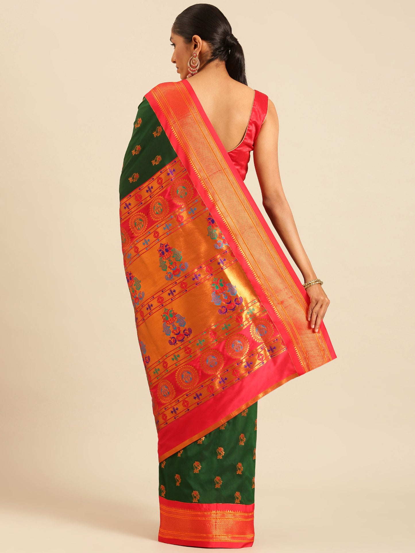 Ahilya Bottle Green & Red Soft Silk Peshwai Nath Paithani Saree