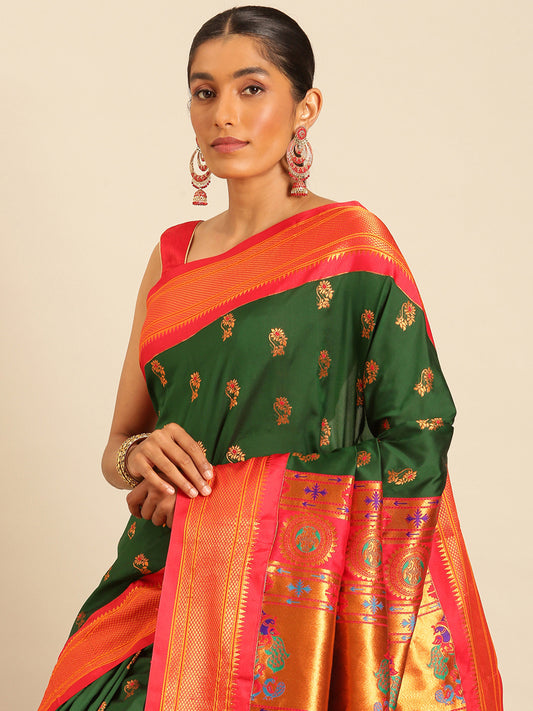 Ahilya Bottle Green & Red Soft Silk Peshwai Nath Paithani Saree