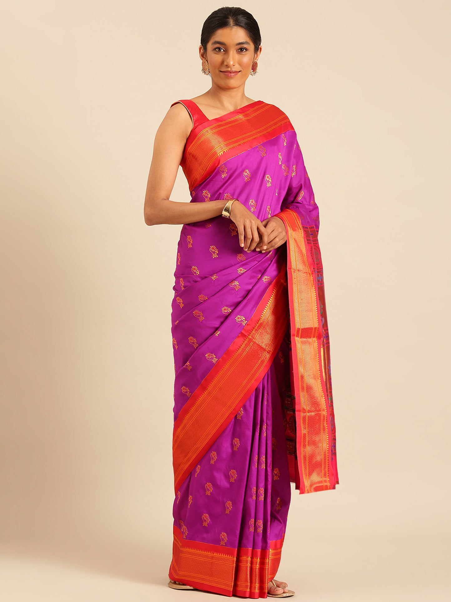Ahilya Purple & Red Soft Silk Peshwai Nath Paithani Saree