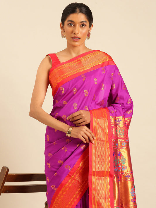 Ahilya Purple & Red Soft Silk Peshwai Nath Paithani Saree
