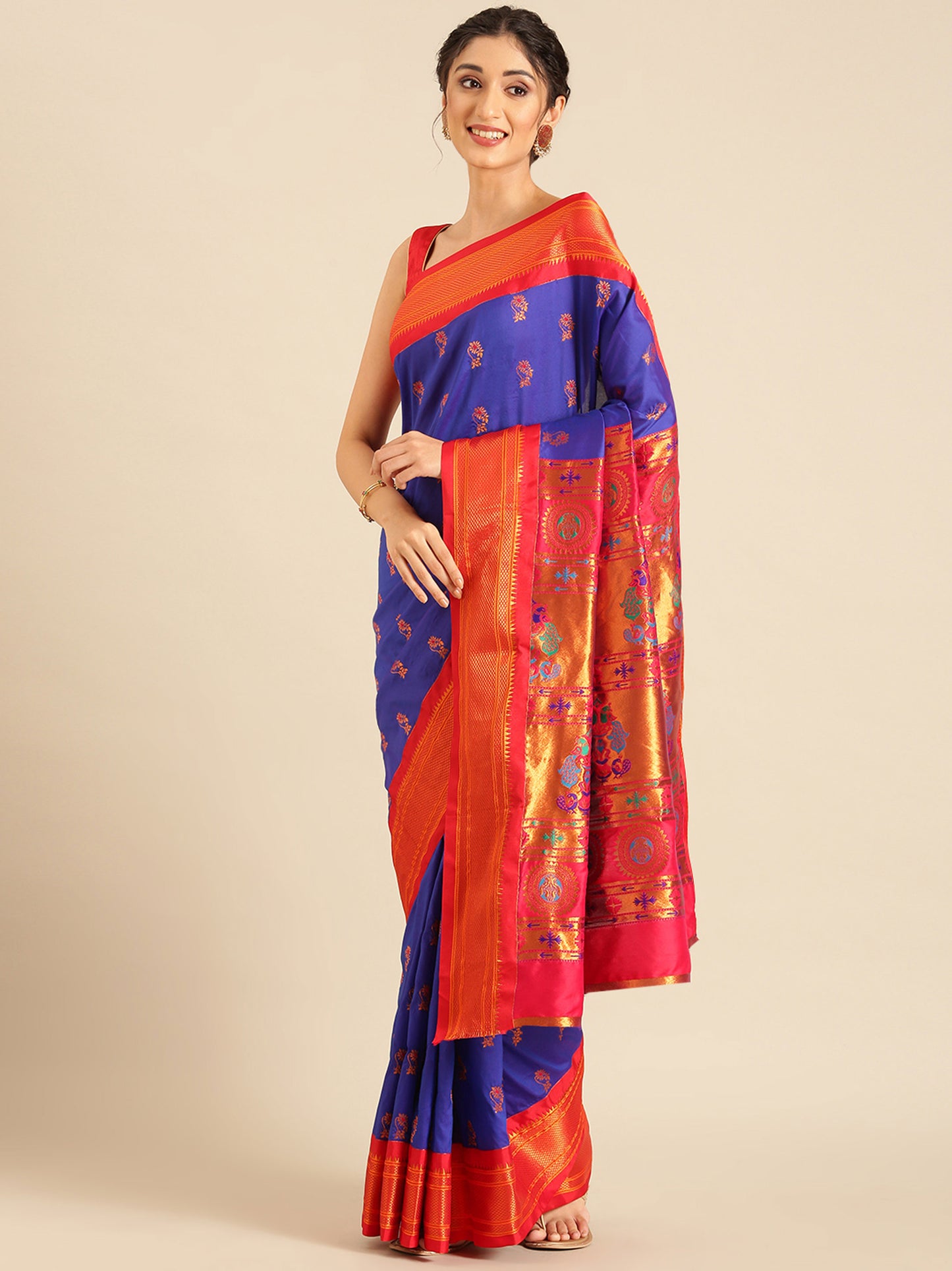 Ahilya Royal Blue & Red Soft Silk Peshwai Nath Paithani Saree