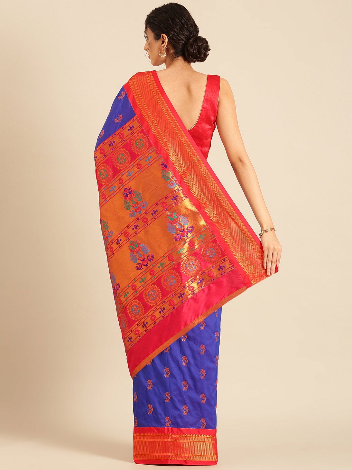 Ahilya Royal Blue & Red Soft Silk Peshwai Nath Paithani Saree