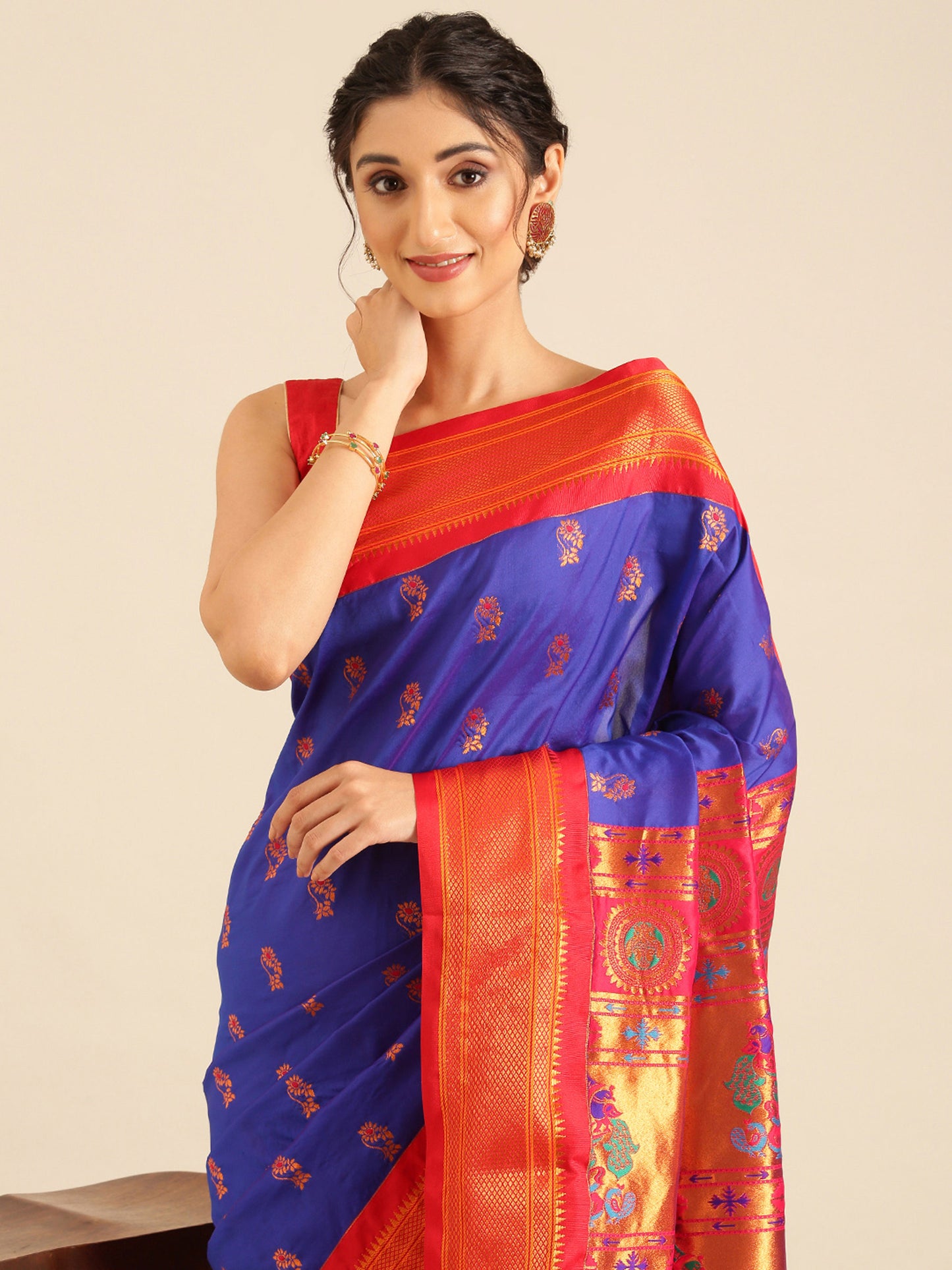 Ahilya Royal Blue & Red Soft Silk Peshwai Nath Paithani Saree