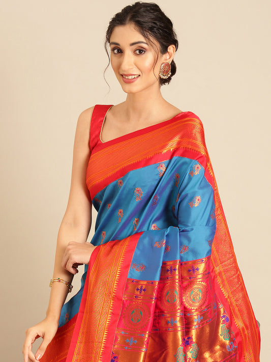 Ahilya Firozi & Red Soft Silk Peshwai Nath Paithani Saree