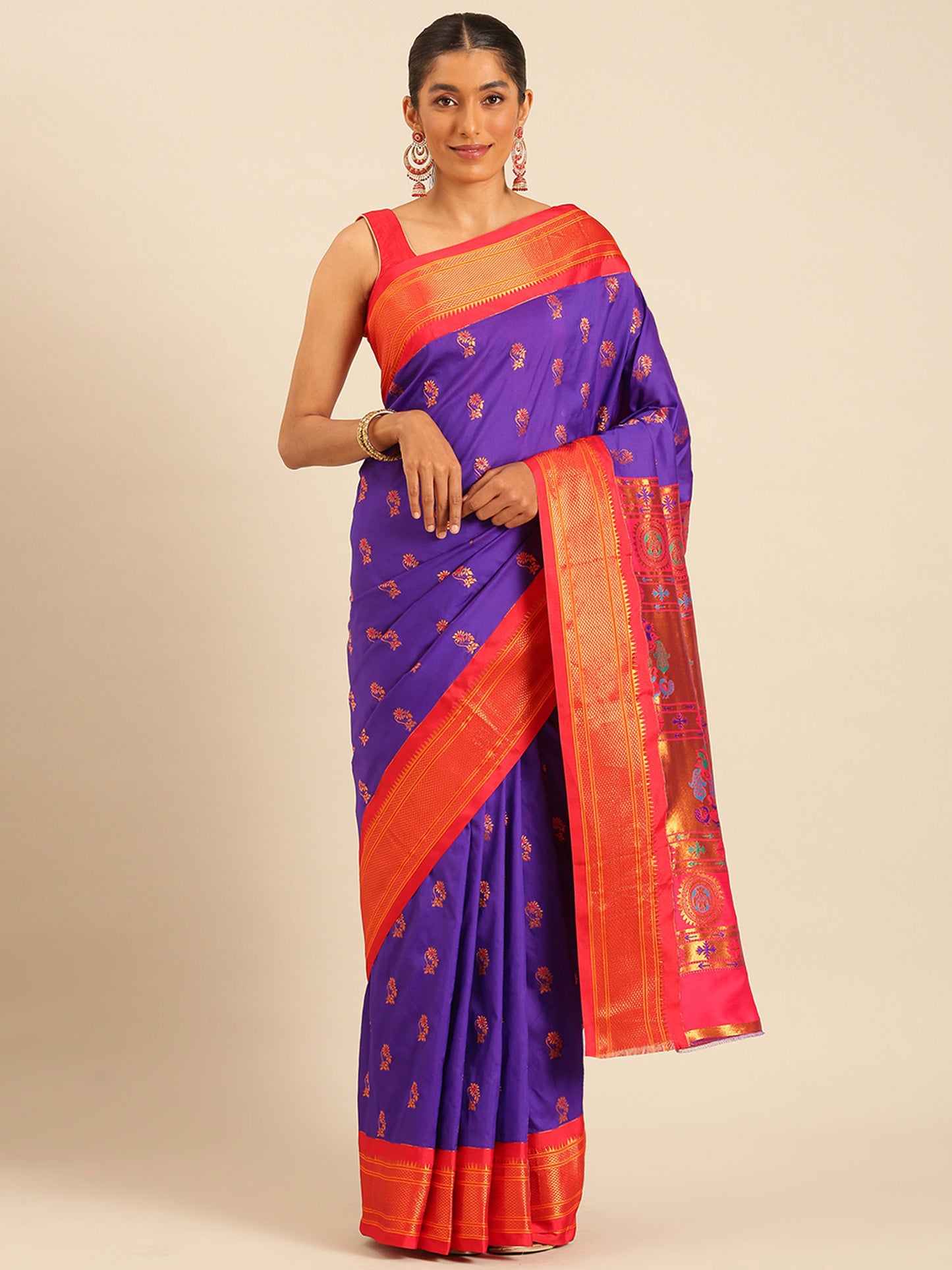 Ahilya Indigo Blue & Red Soft Silk Peshwai Nath Paithani Saree