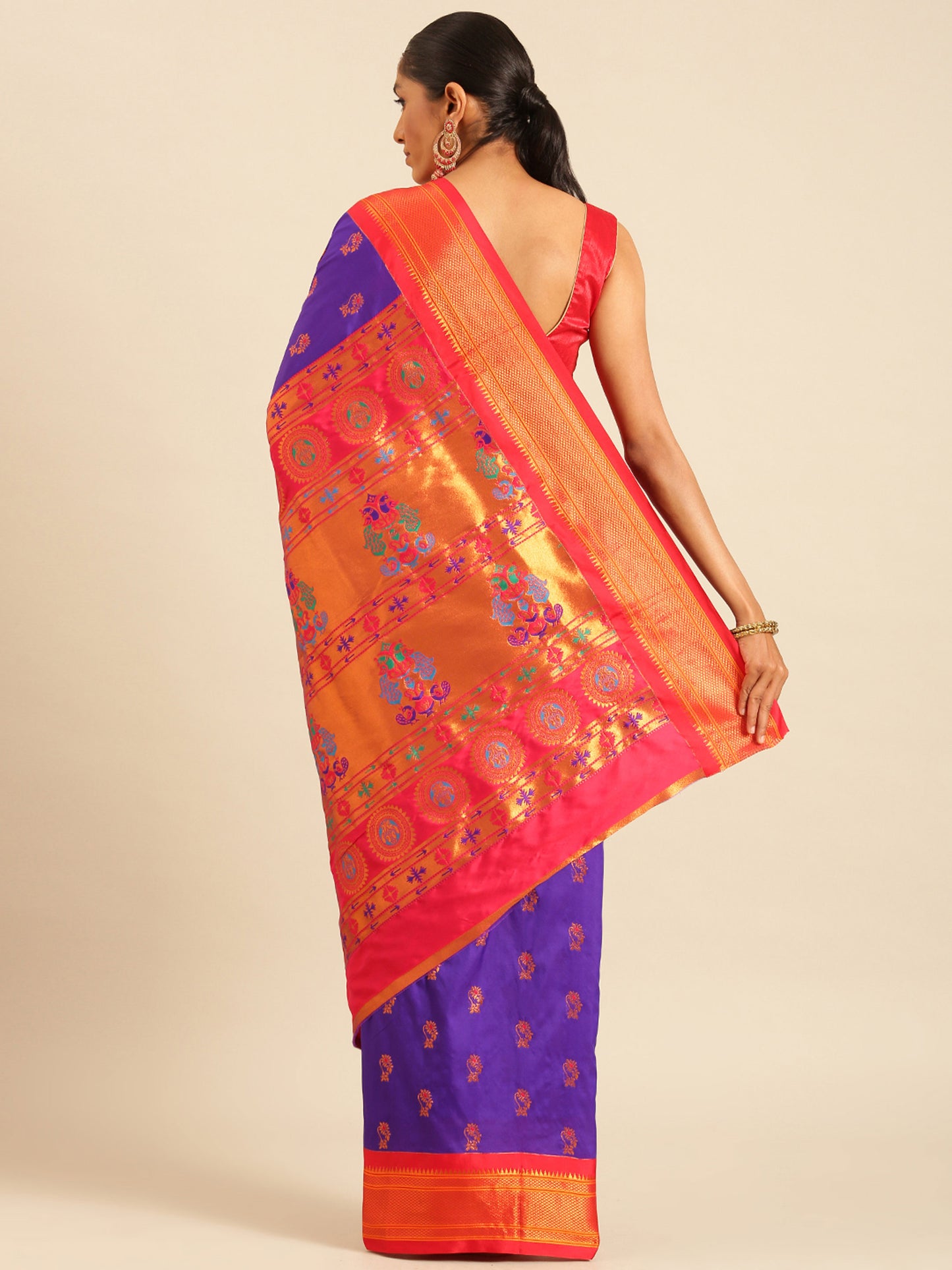 Ahilya Indigo Blue & Red Soft Silk Peshwai Nath Paithani Saree