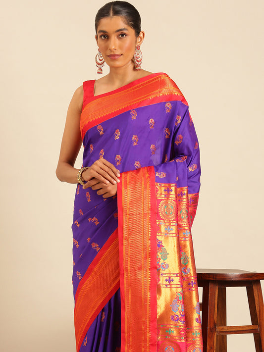 Ahilya Indigo Blue & Red Soft Silk Peshwai Nath Paithani Saree